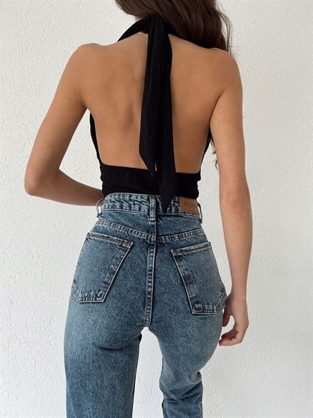 Boyun Bağlama Dekolte Bodysuit Siyah