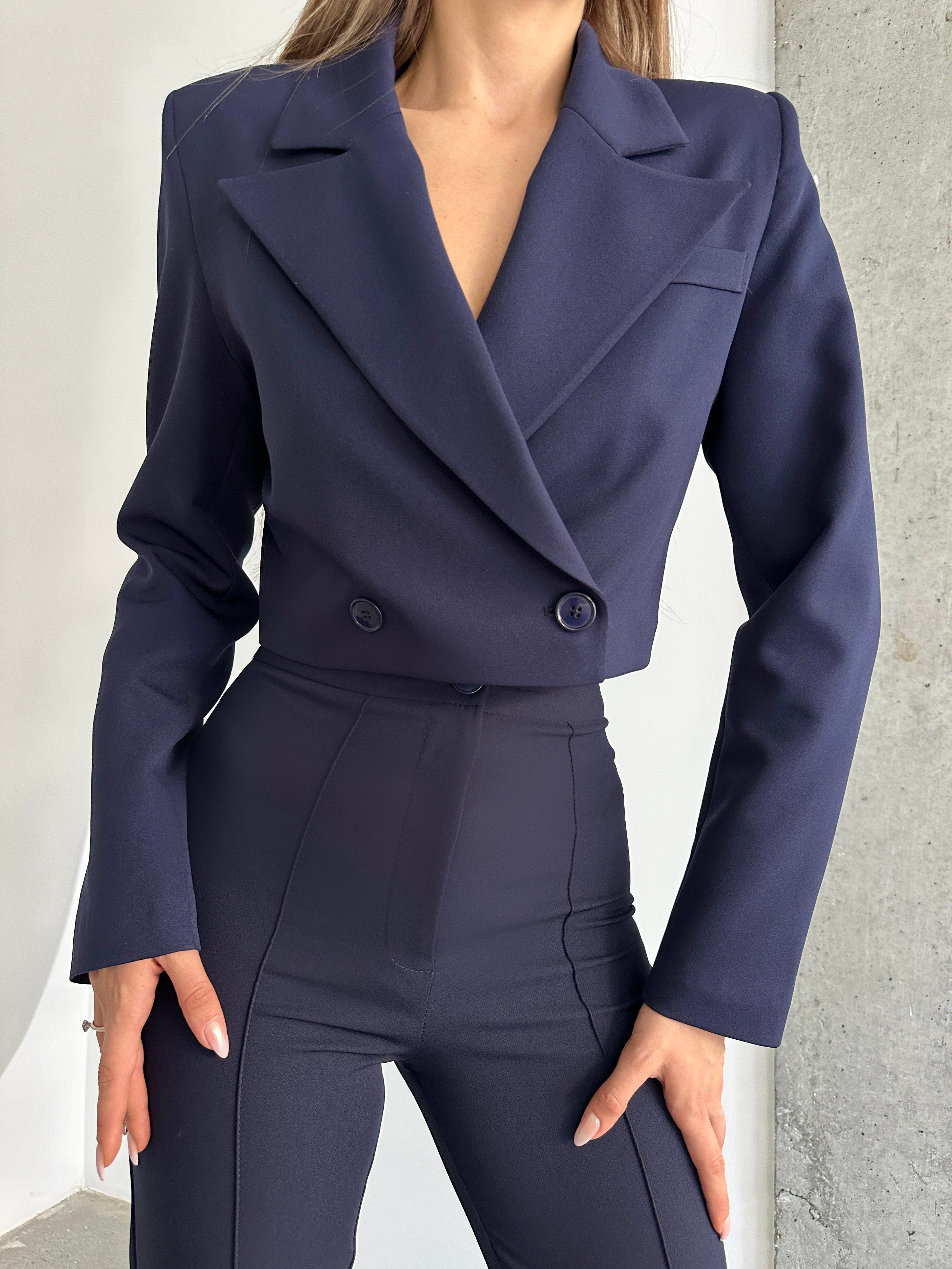 Çift Düğme Crop Blazer Ceket Lacivert