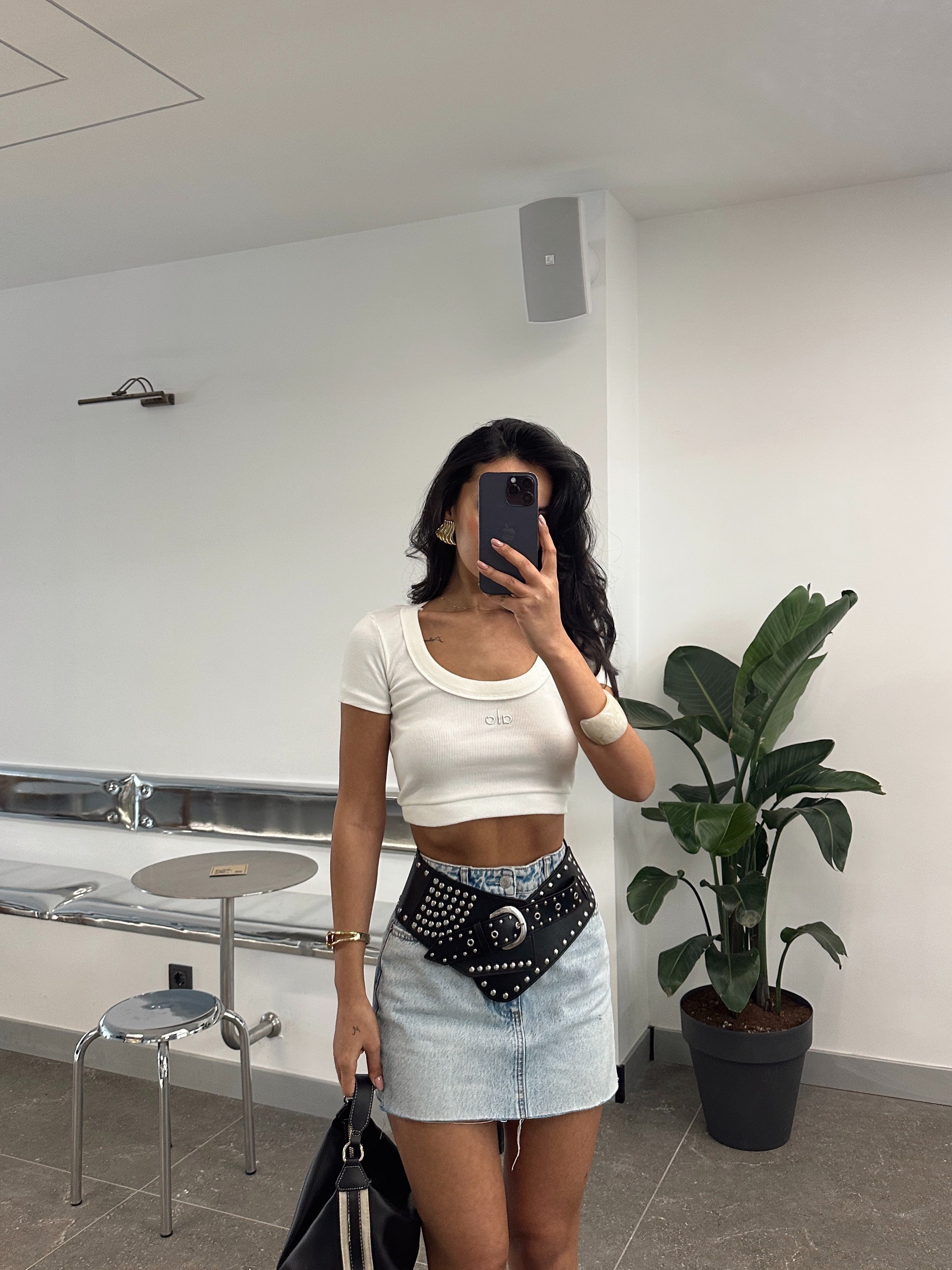 Geniş Yaka Baskılı Crop - Ekru