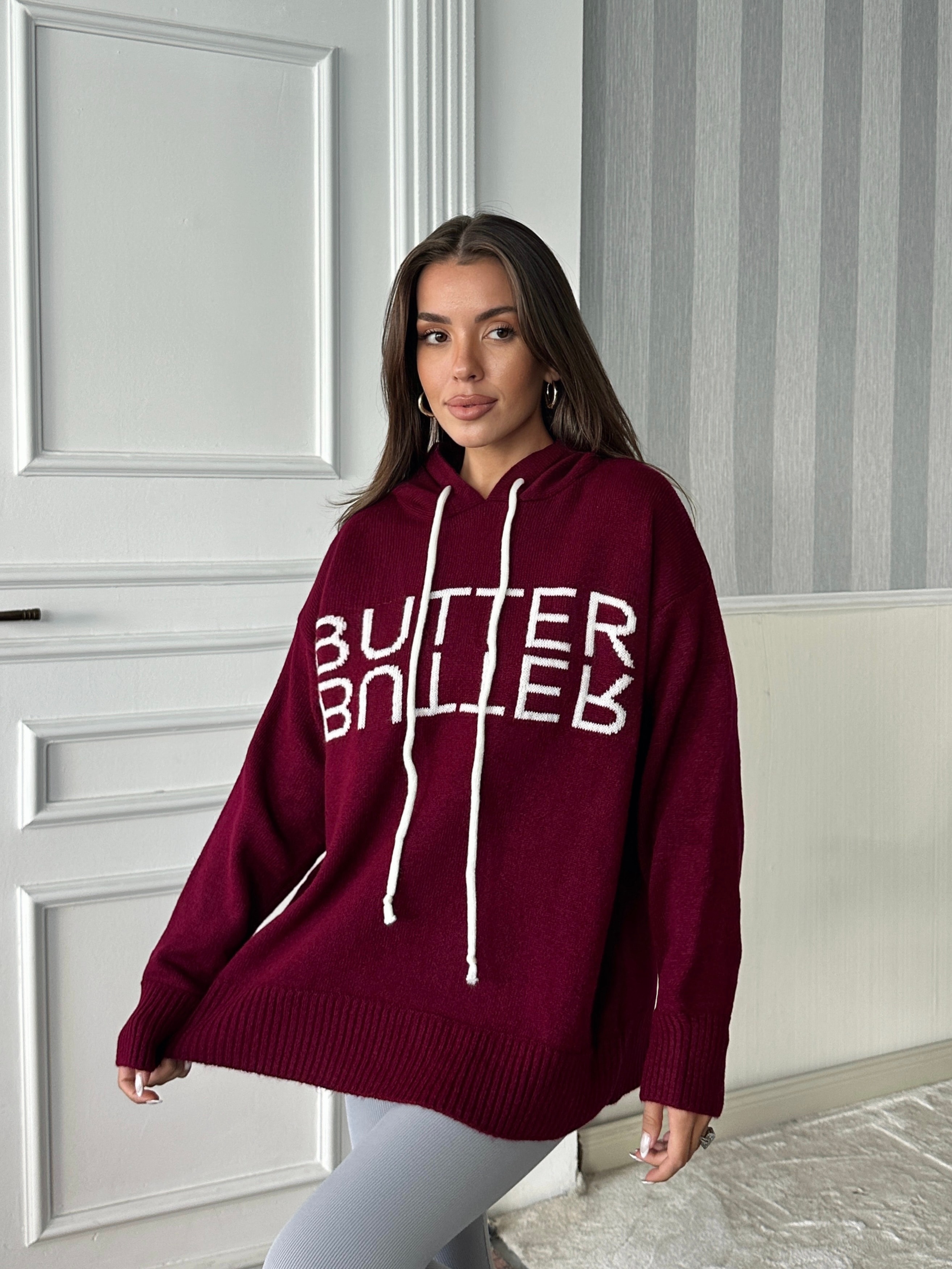 Kapüşonlu Butter Triko - Bordo