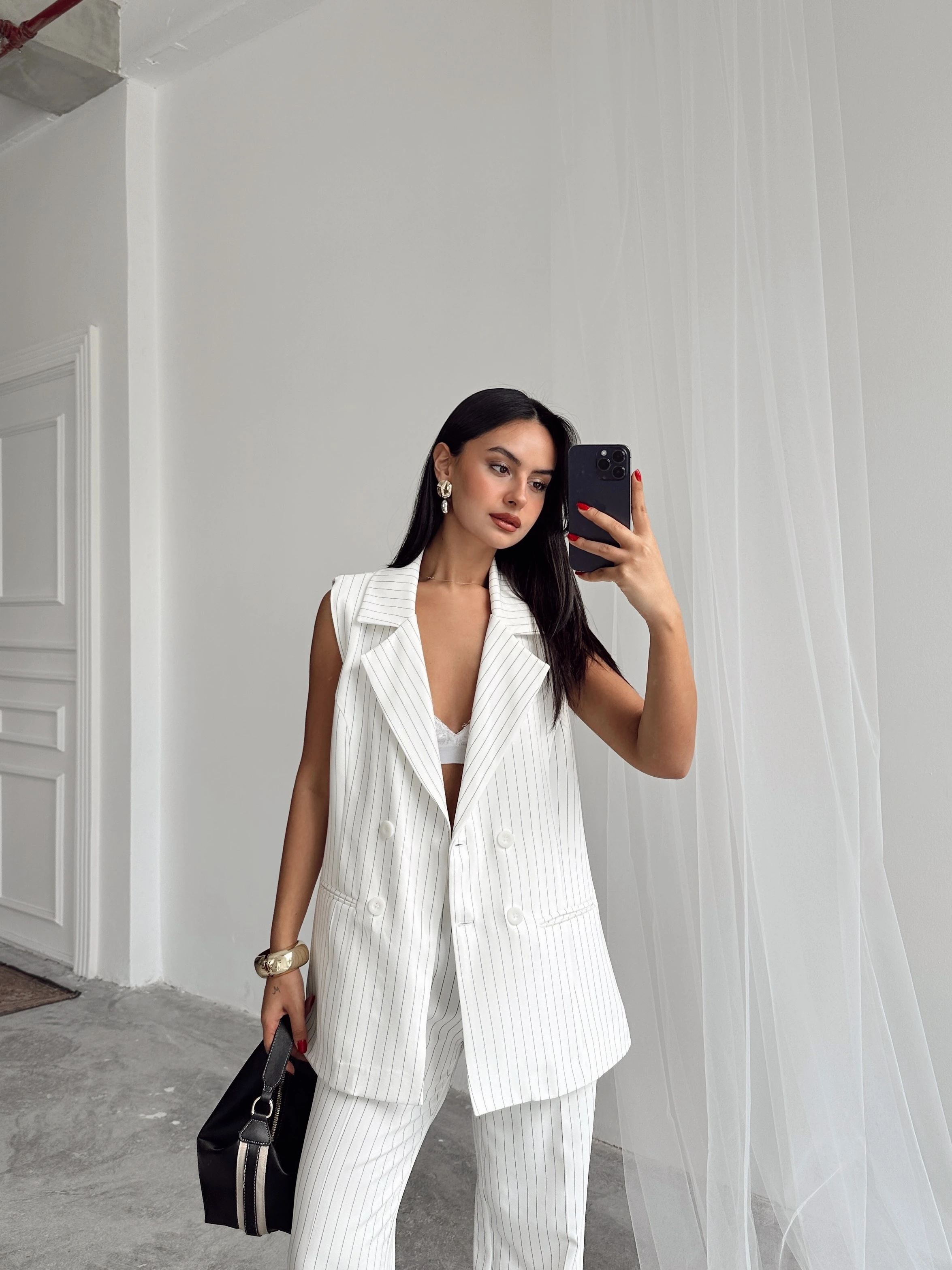 Ceket Yaka Line Yelek - Ekru