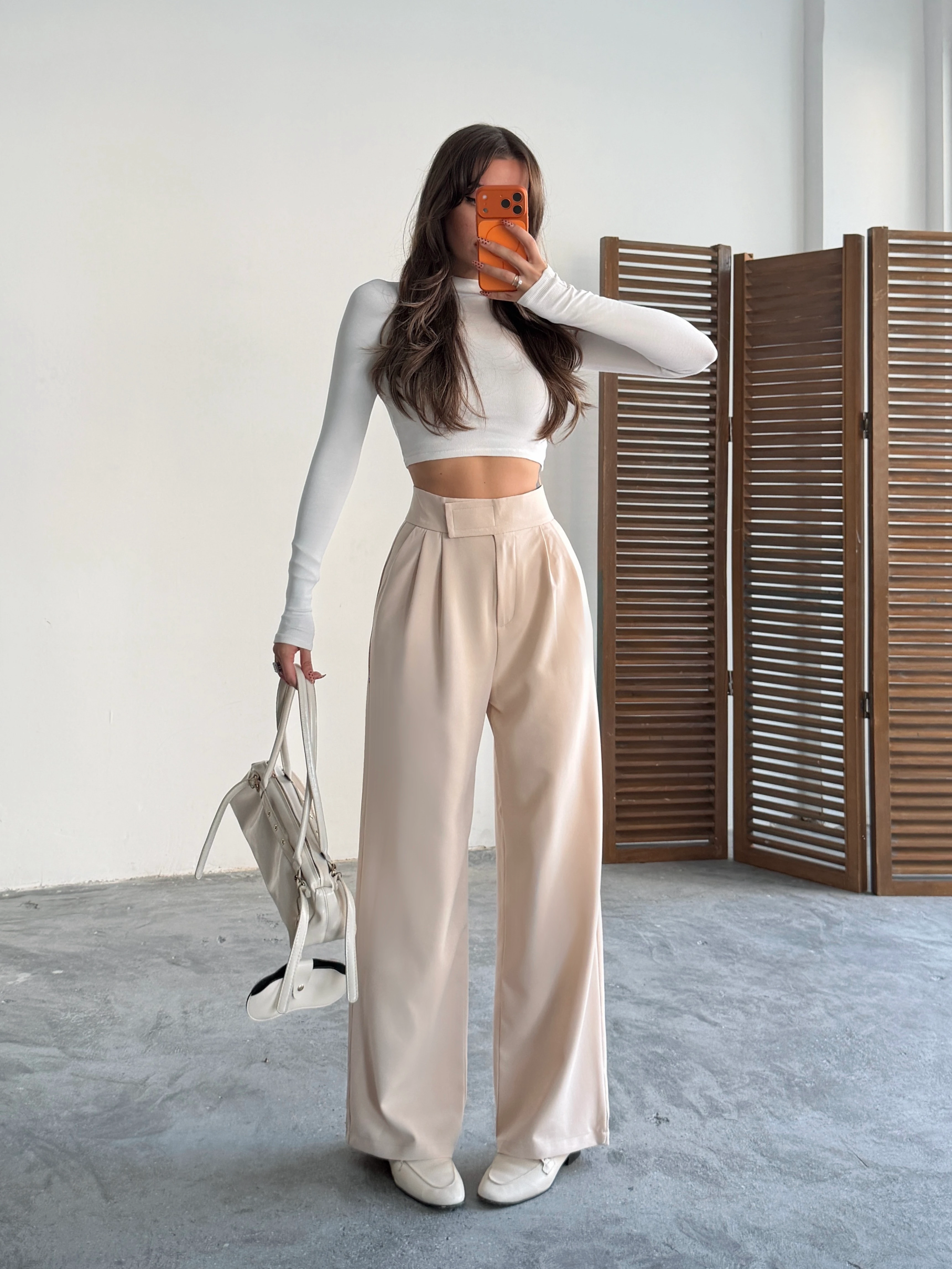 Bel Cırtlı Palazzo Pantolon  - Taş