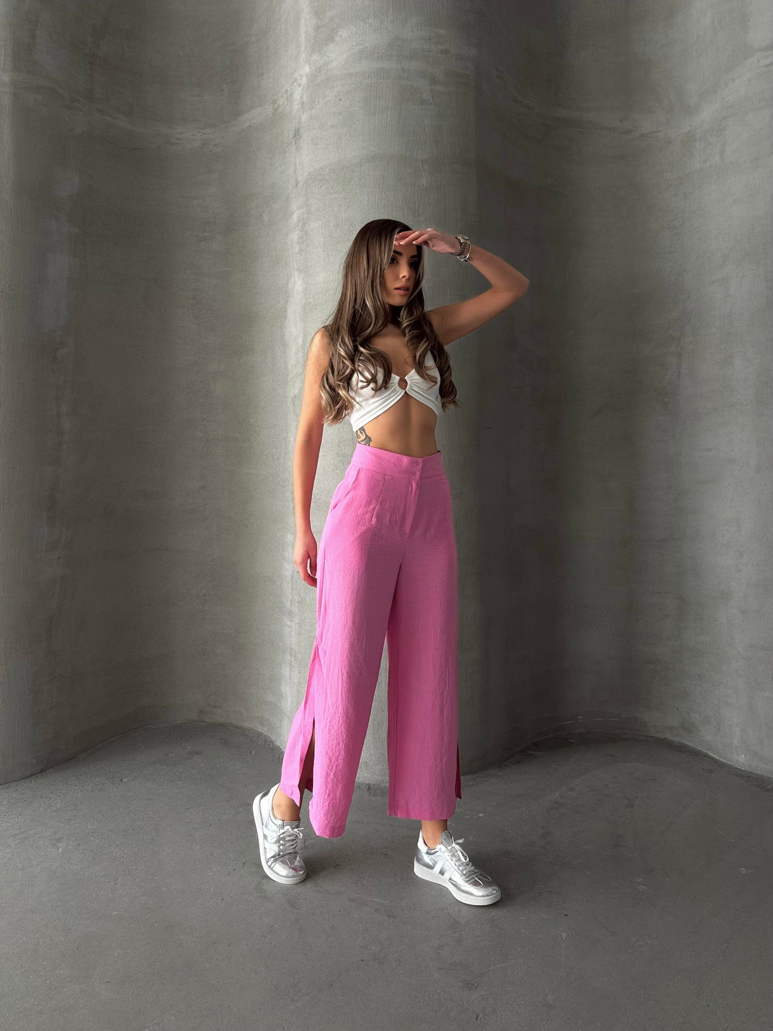 Ham Keten Paça Yırtmaçlı Pantolon Pembe