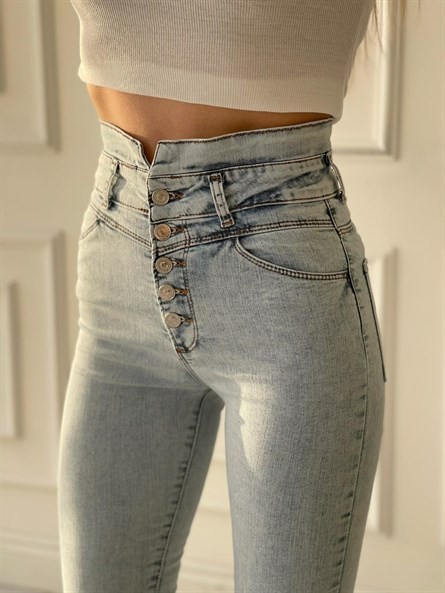 Ekstra Yüksek Bel Düğme Detay Skinny Jean Buz Mavi