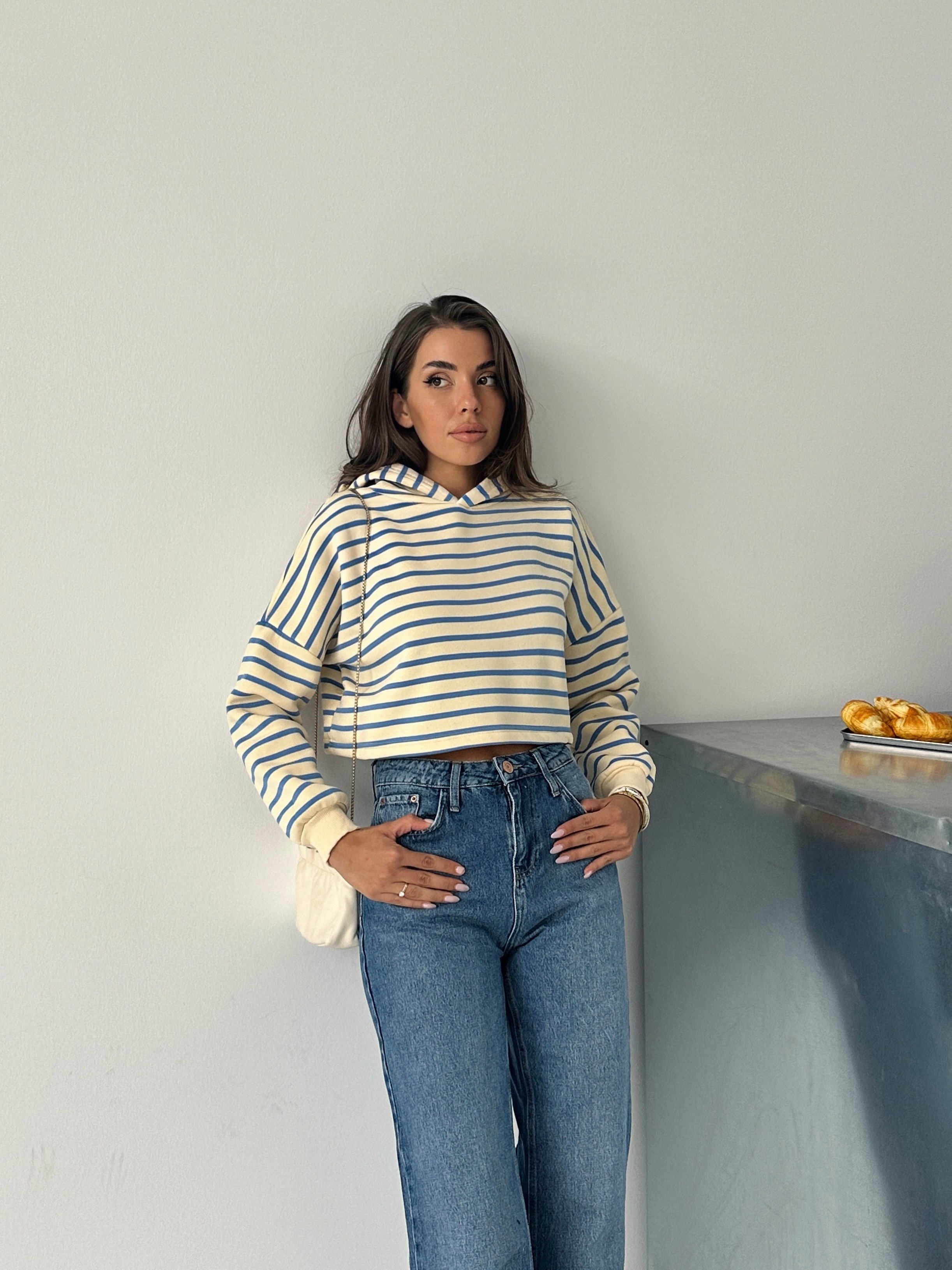 Kapüşonlu Çizgili Crop Sweat - Mavi