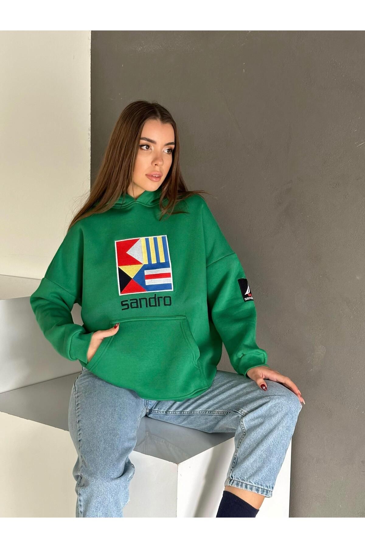 Sandro Kabartma İşleme Oversize 3 İplik Sweatshirt Yeşil