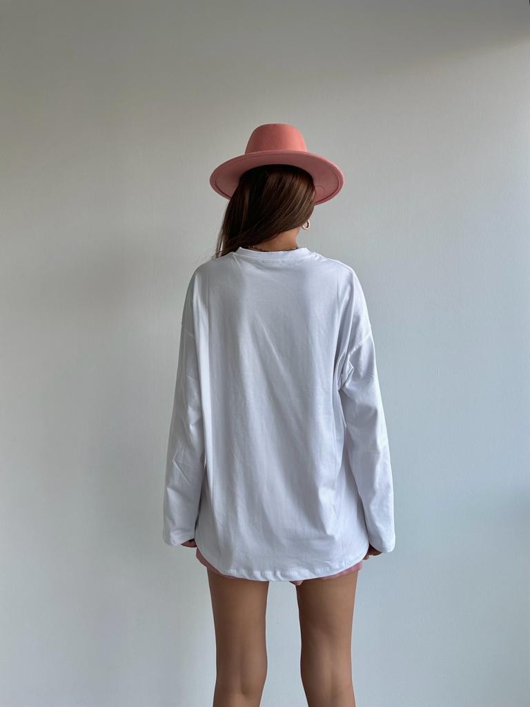 Pamuklu Uzun Kollu Oversize Tshirt Beyaz