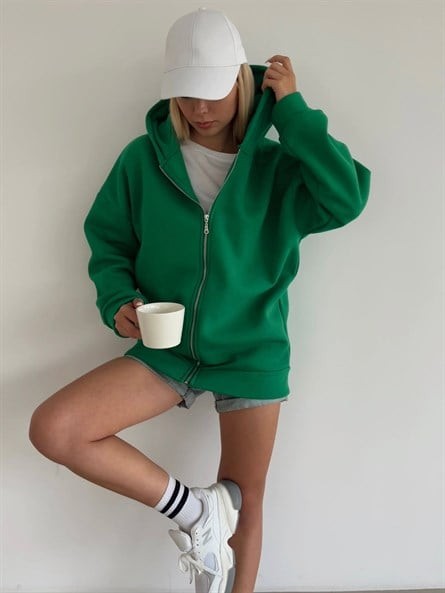 3 İplik Kapüşonlu Fermuarlı Sweatshirt Koyu Yeşil