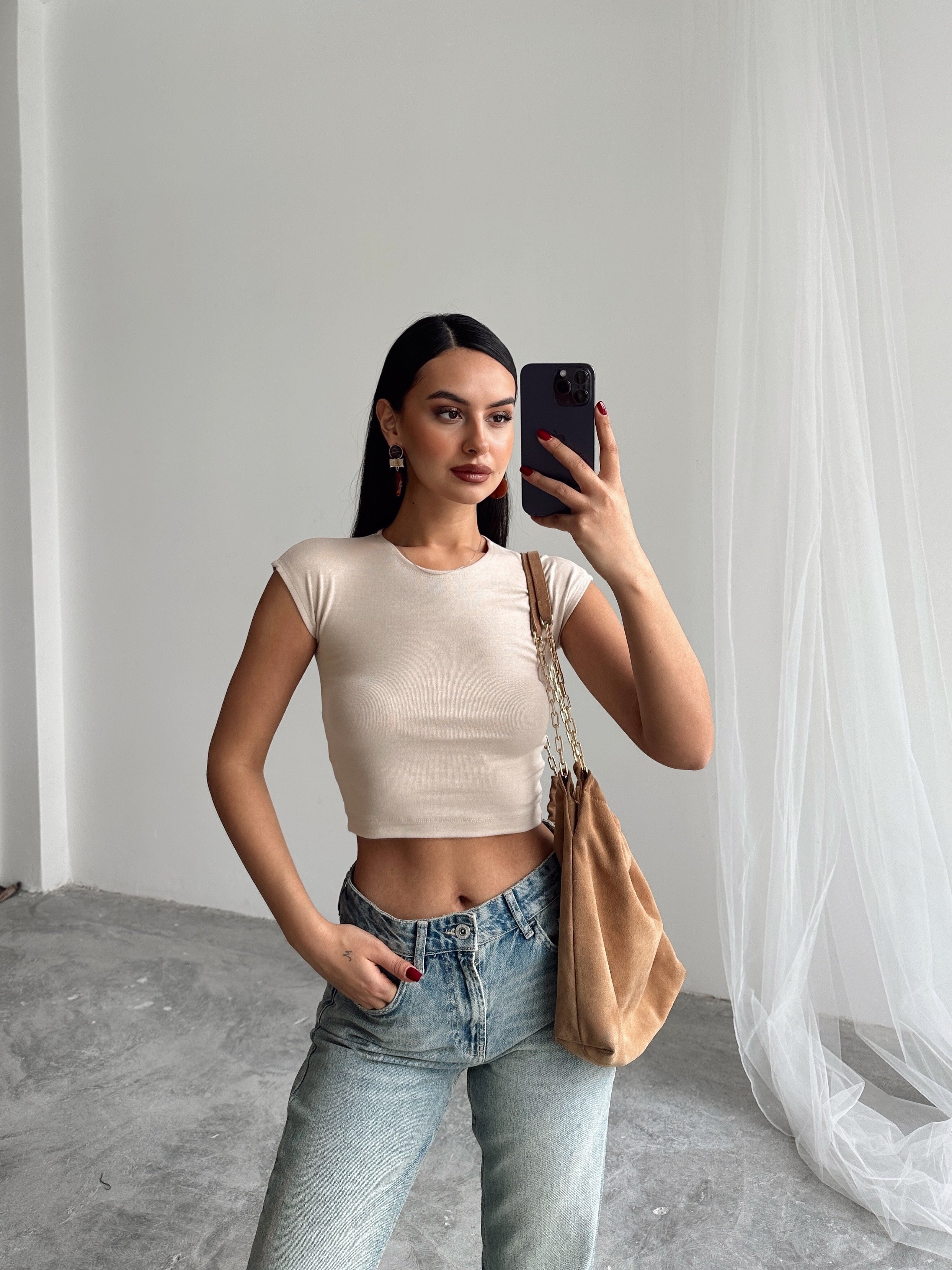 Pamuklu Crop Basic - Taş
