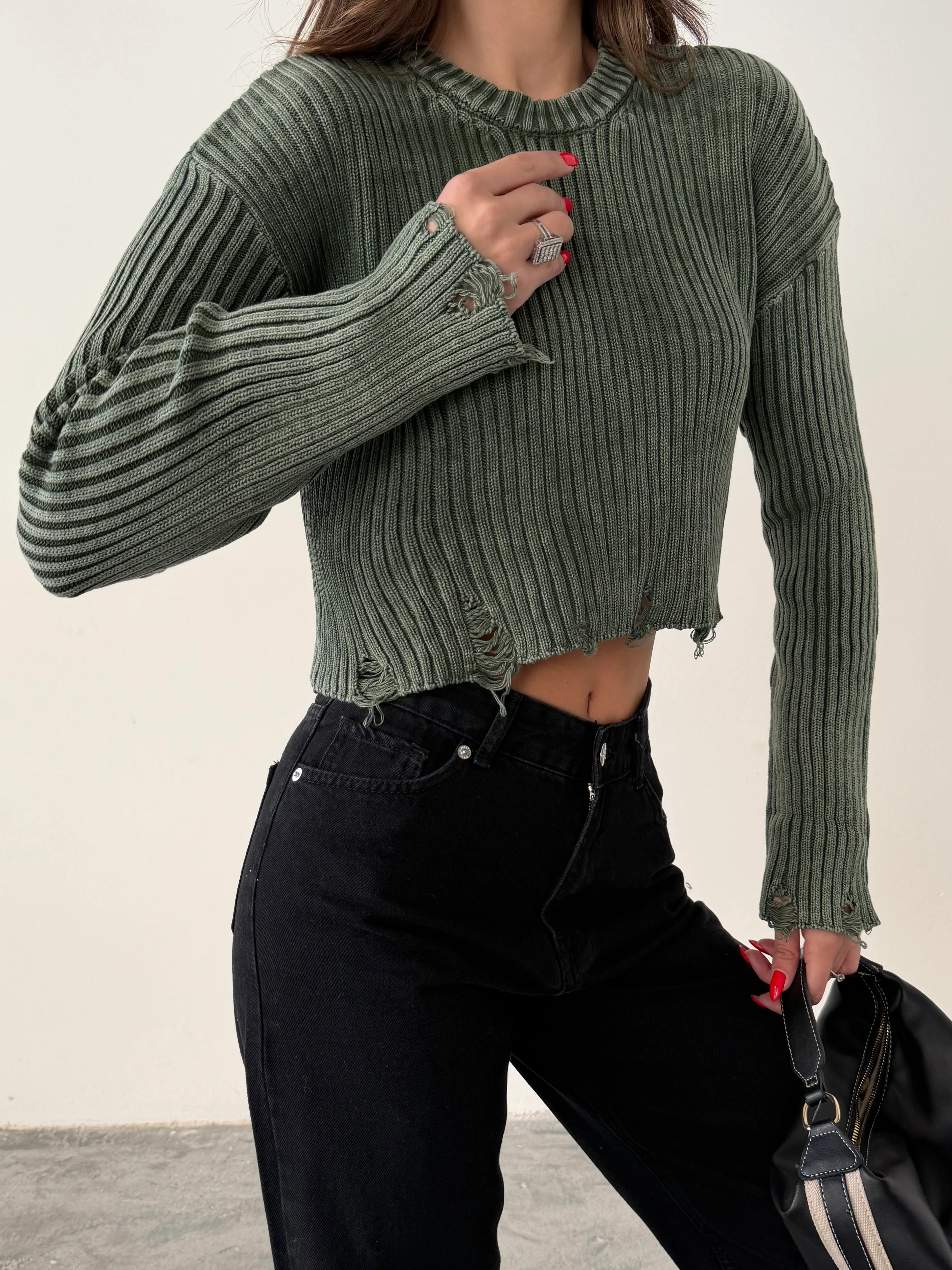 Yırtık Detay Crop Triko  - Haki