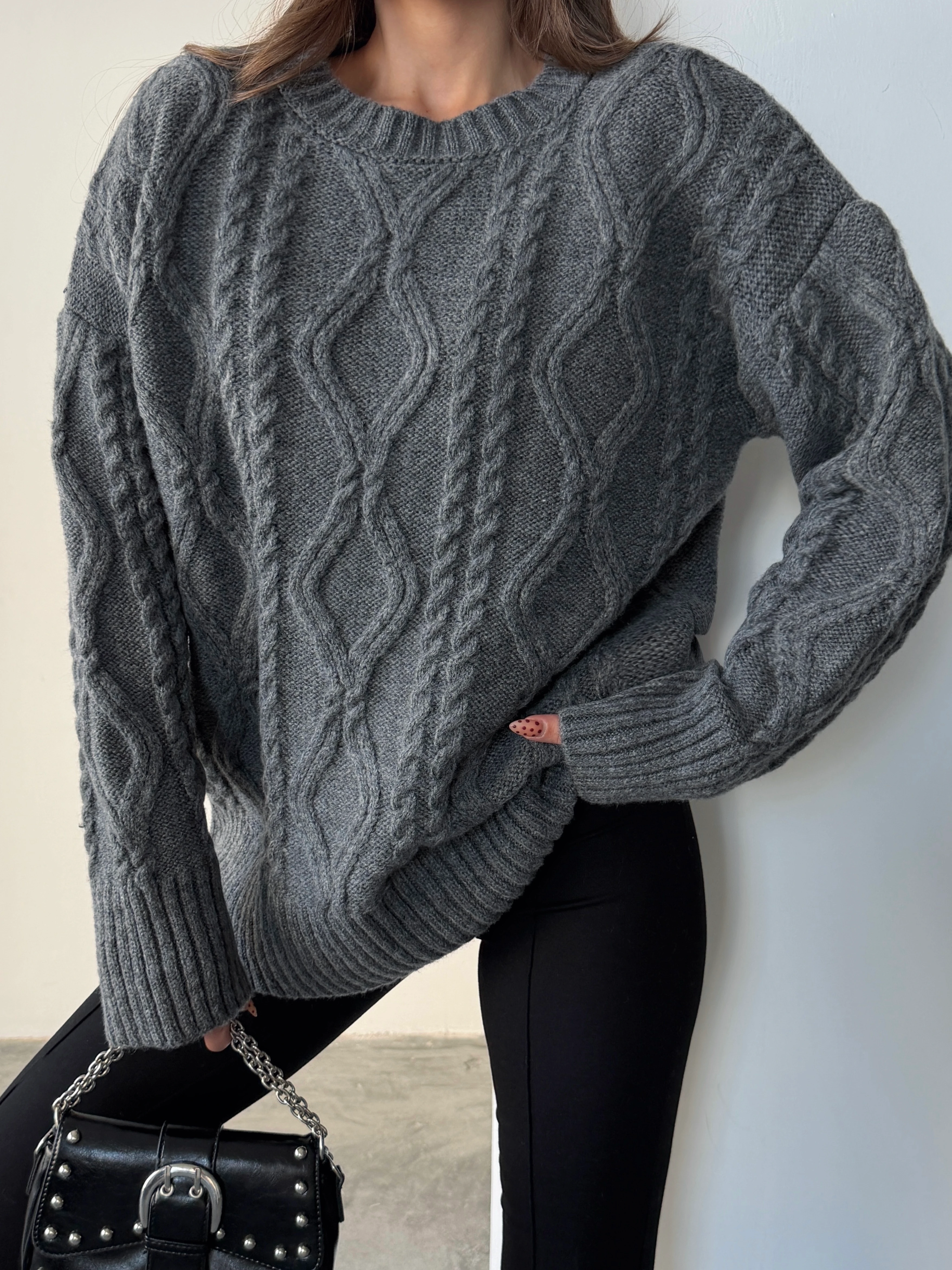 Saç Örgü Desenli Yıkamalı Triko - Antrasit