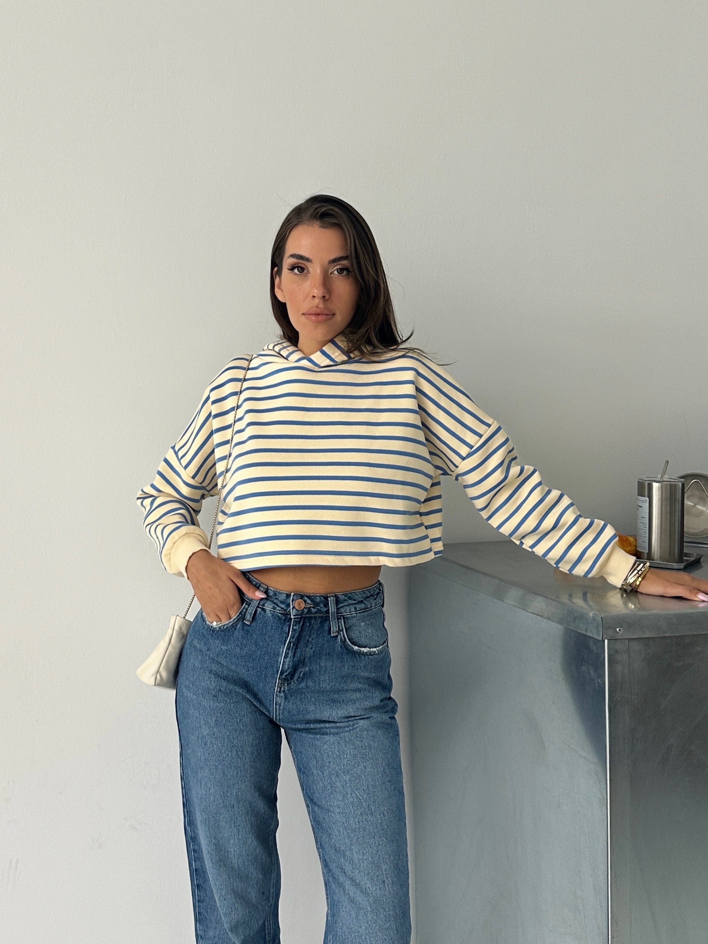 Kapüşonlu Çizgili Crop Sweat - Mavi