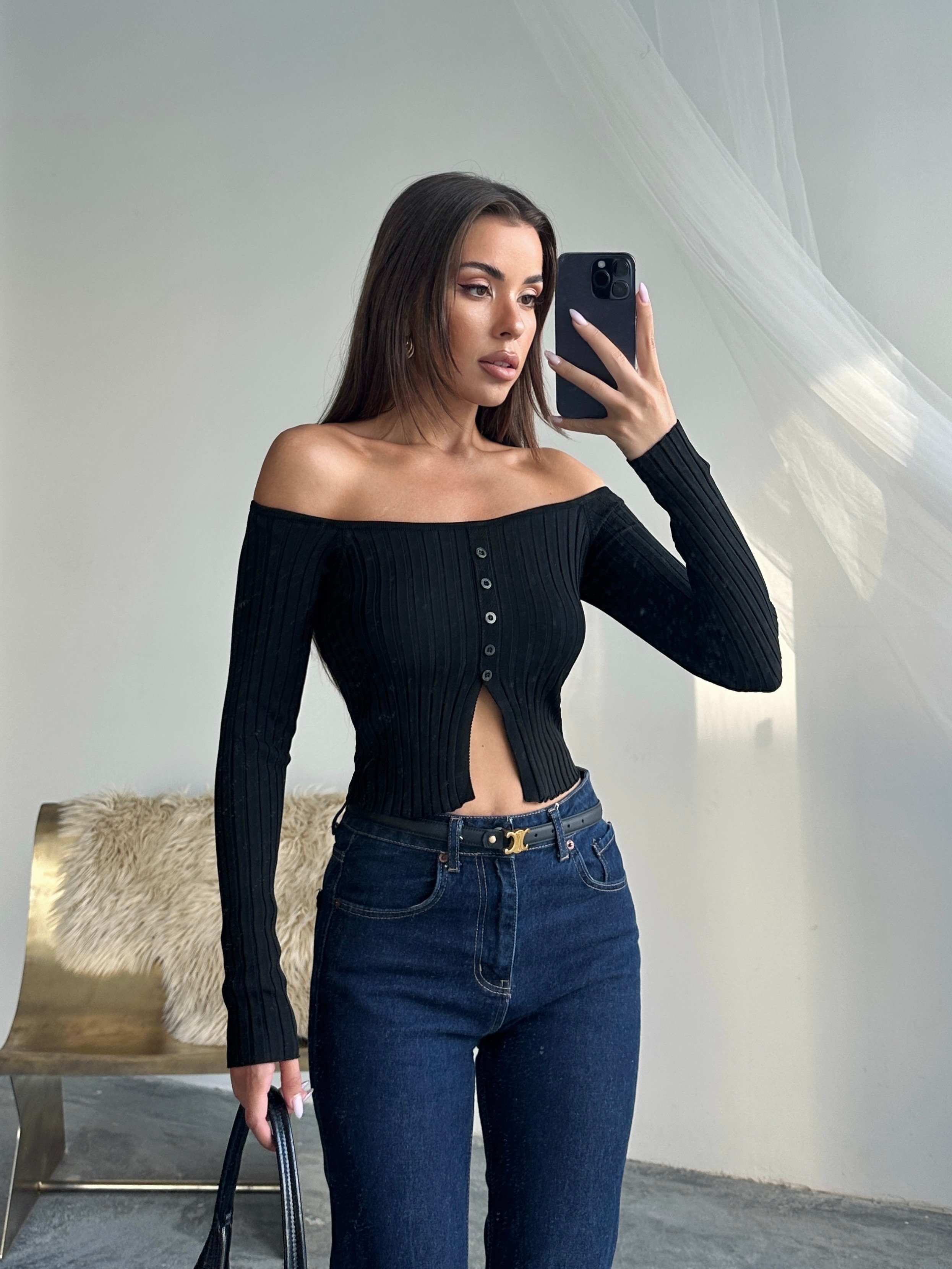 Düğme Detaylı Crop Bluz - Siyah