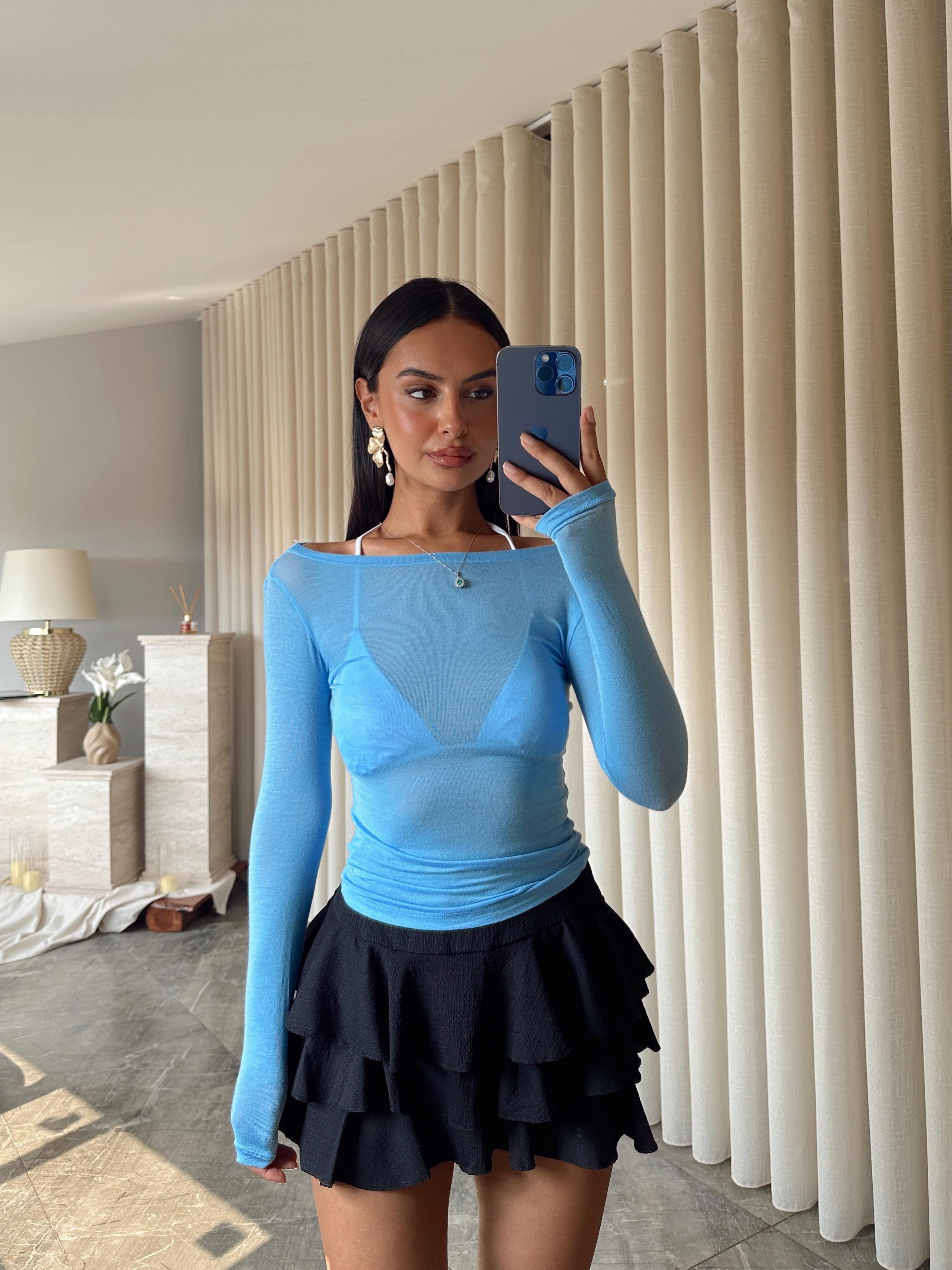 Kayık Yaka Transparan Bluz  - Bebe Mavi