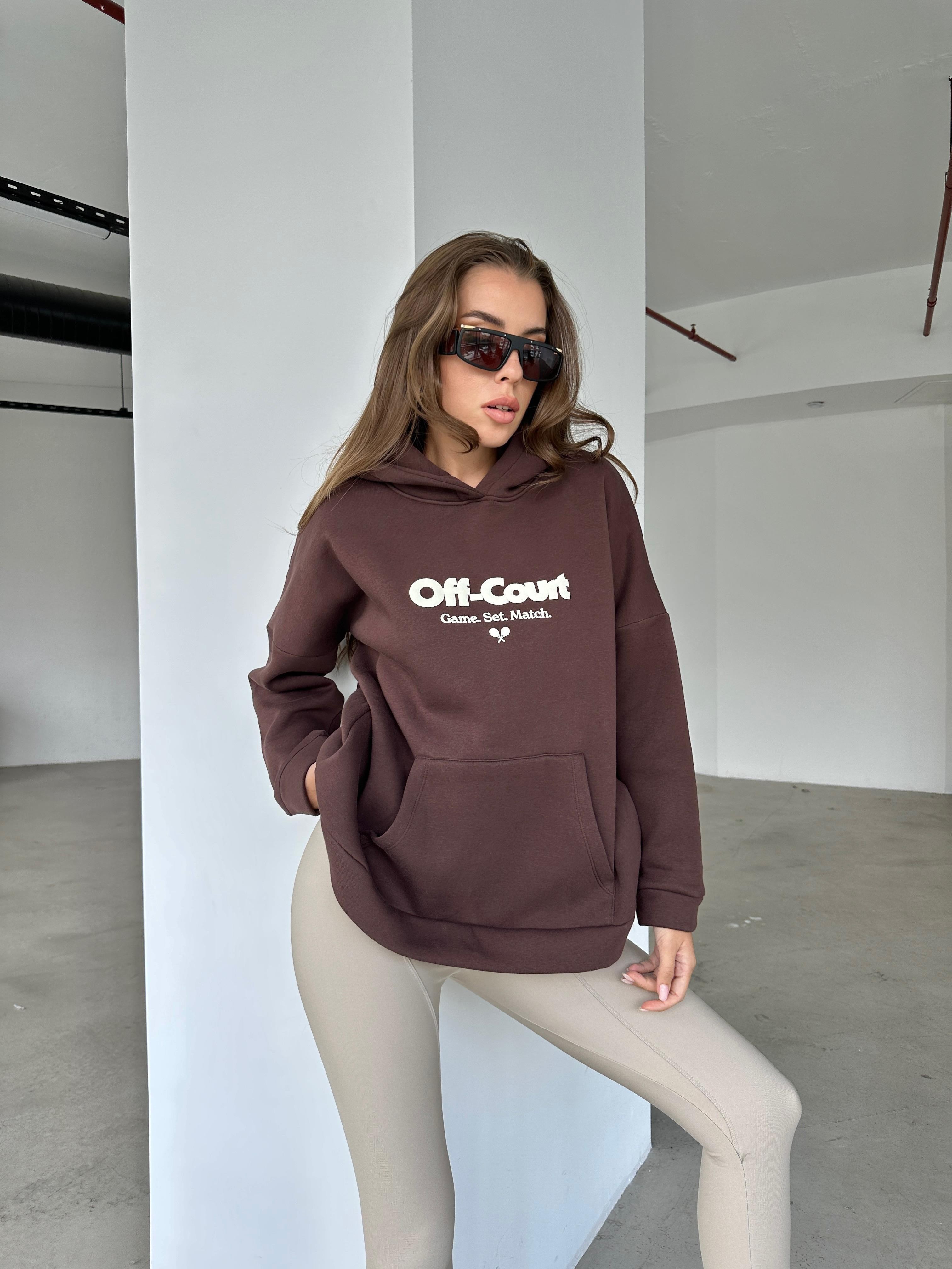 Off Court Baskı Kapüşonlu Sweat Kahverengi