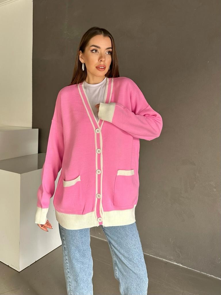 Cepli Oversize Triko Hırka Pembe