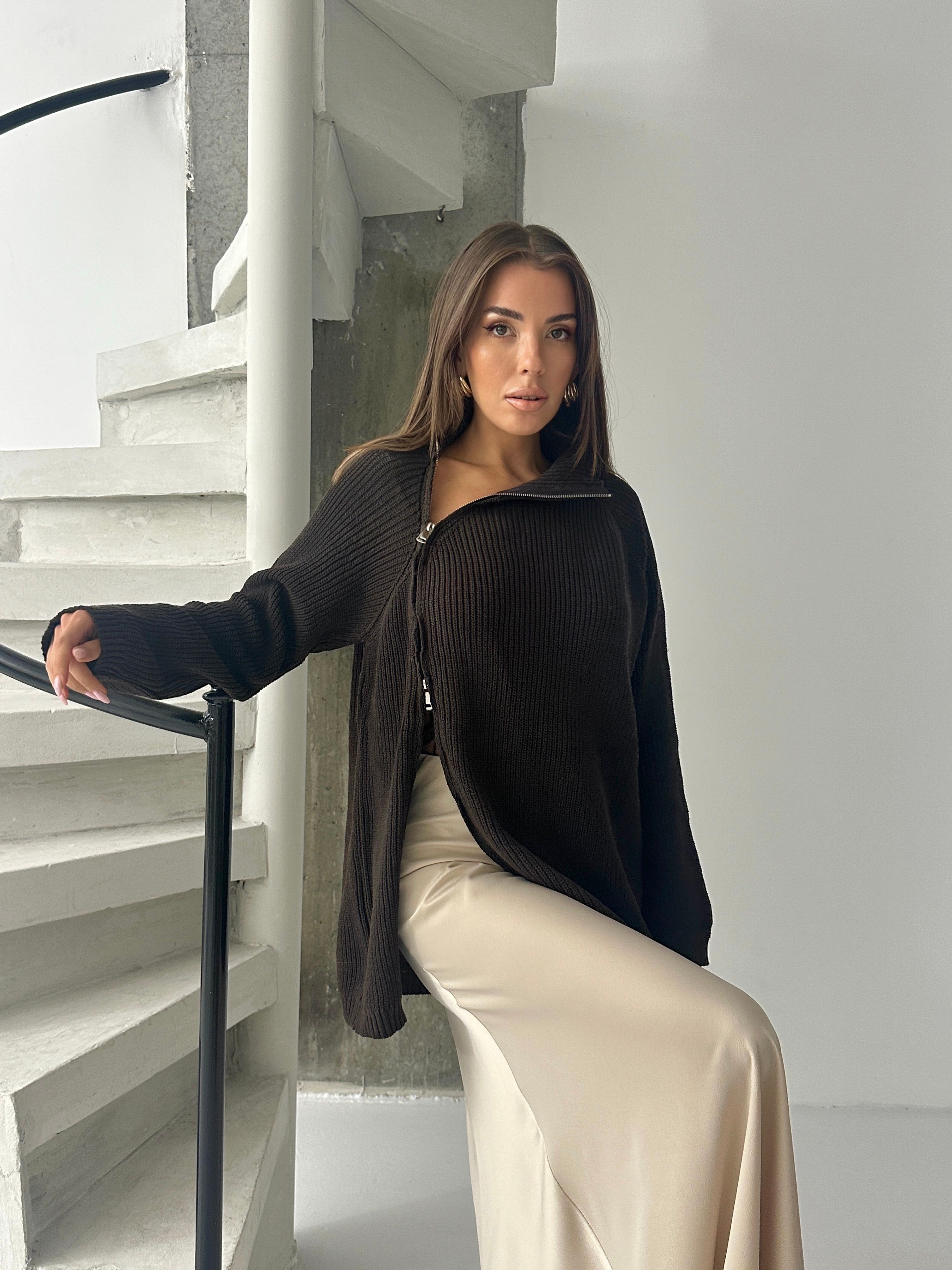 Yandan Fermuarlı Kazak - Kahve