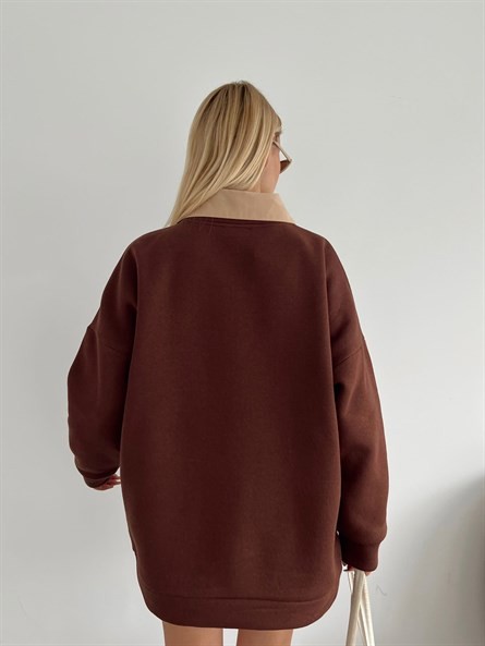 Organic Süzene Nakış Oversize Sweatshirt Kahverengi