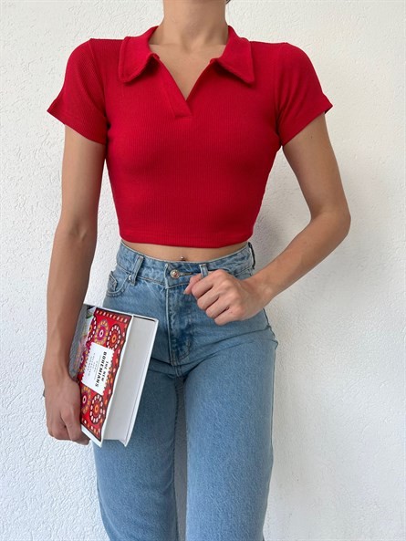 Polo Yaka Kaşkorse Crop Kırmızı