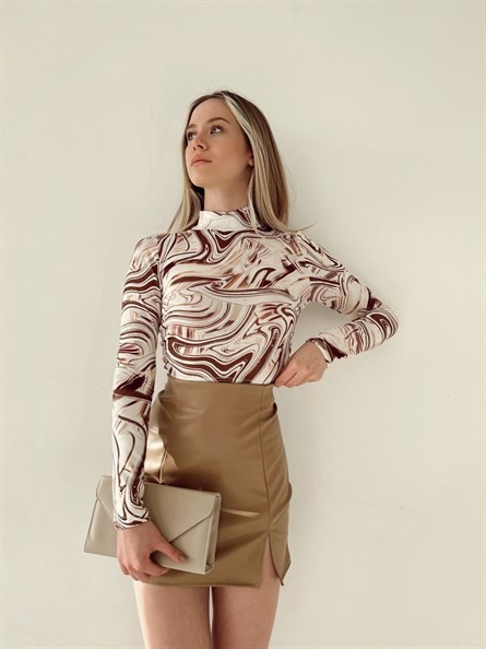 Balıkçı Yaka Desenli Scuba Crop Krem