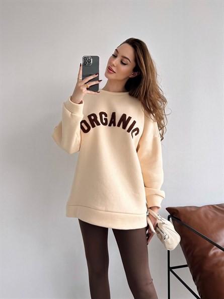 Organic Süzene Nakış Oversize Sweatshirt Bej