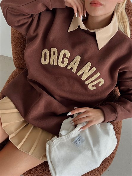 Organic Süzene Nakış Oversize Sweatshirt Kahverengi