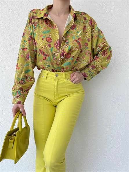 Bohem Desen Oversize Saten Gömlek Yeşil