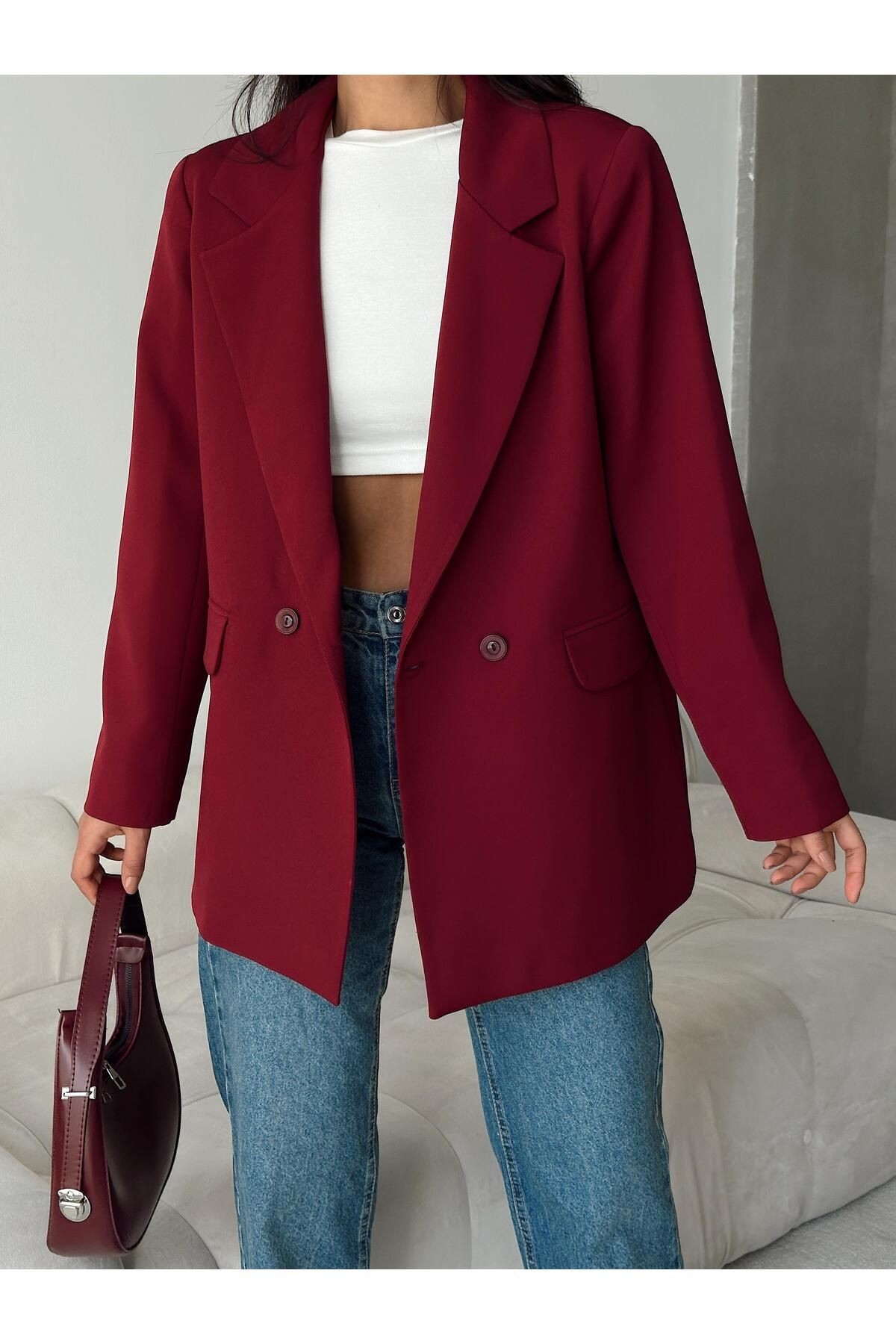 Çift Düğme Blazer Ceket Bordo