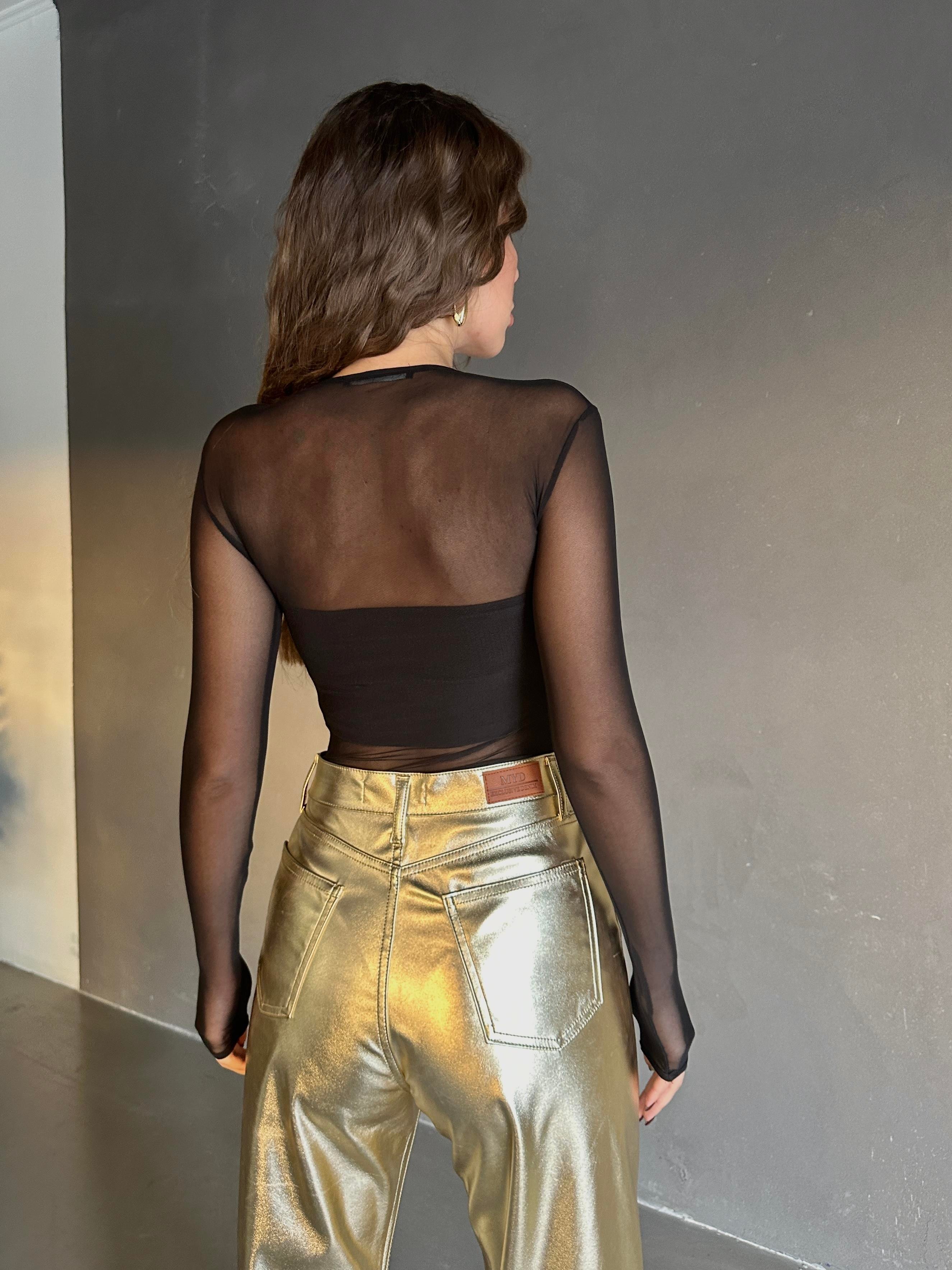 Diamond Transparan Tül Bodysuit Gold