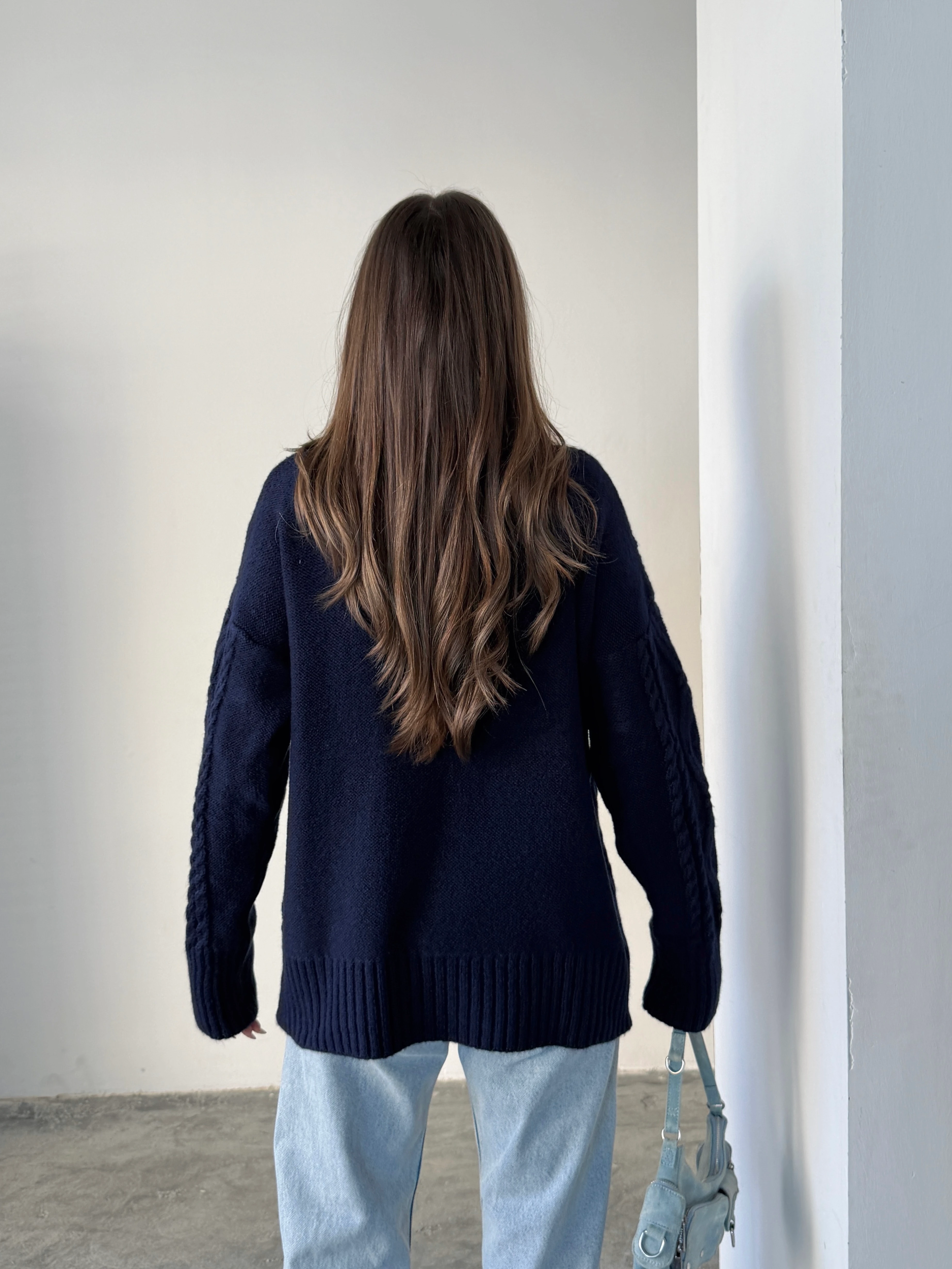 Saç Örgü Desenli Yıkamalı Triko - Lacivert