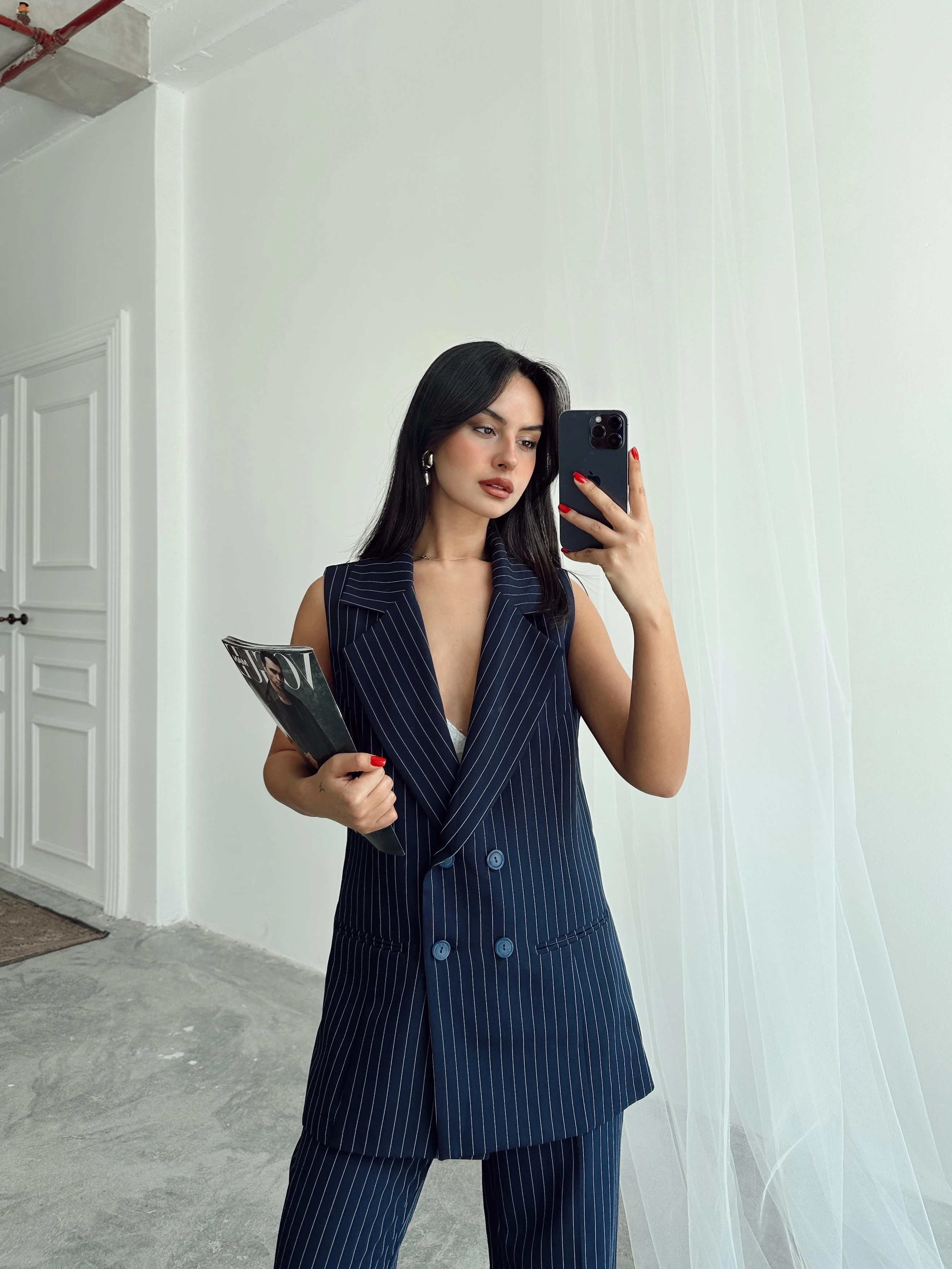 Ceket Yaka Line Yelek - Lacivert