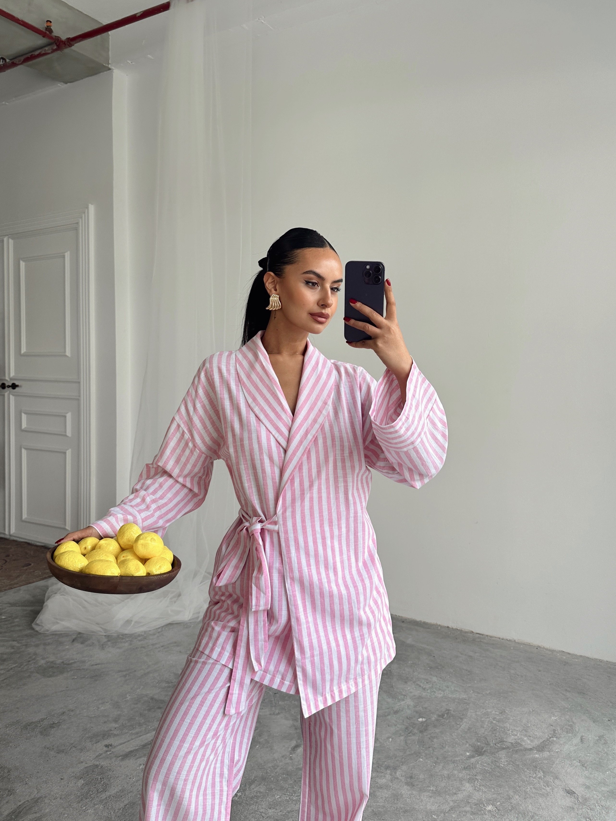Çizgili Kimono Takım  - Pembe