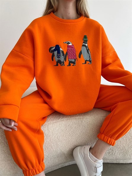 Penguen İşleme Oversize 3 İplik Sweatshirt Turuncu