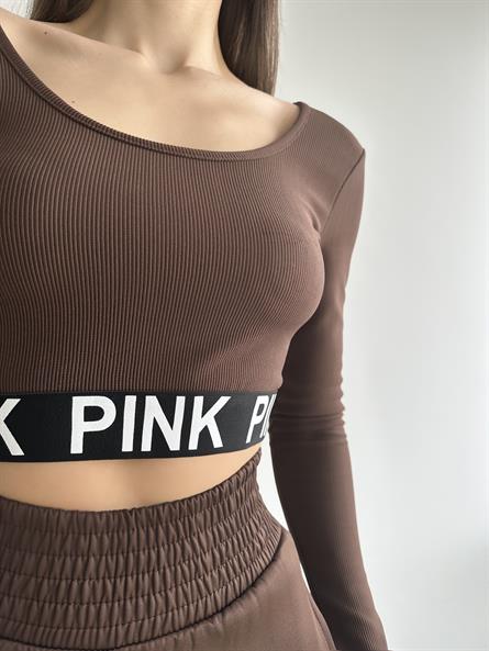 Geniş Yaka Fitilli Crop Bluz Kahverengi