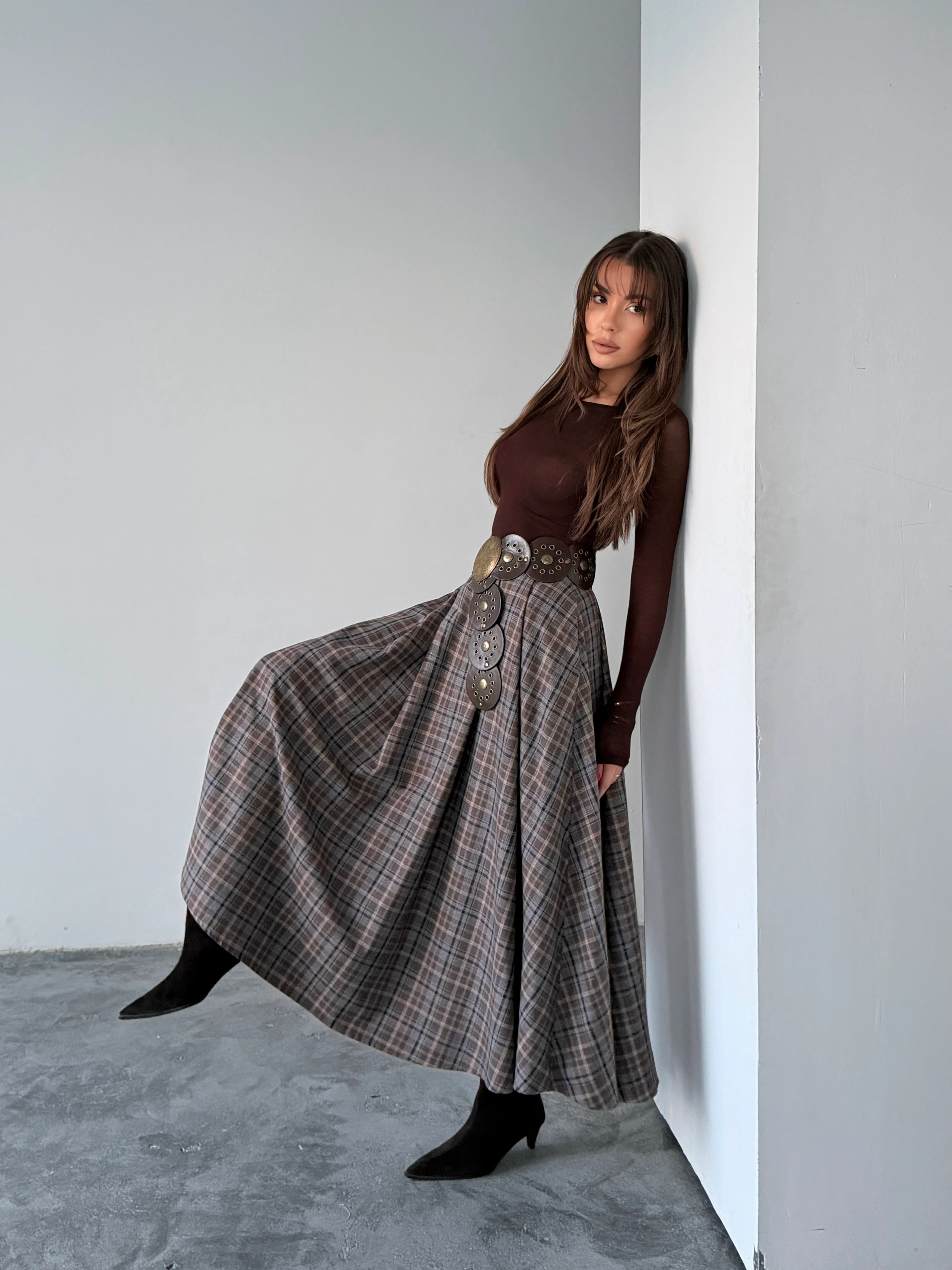 Pile Detaylı Ekose Kloş Etek - Kahve