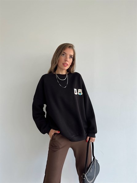 Twin Bear İşleme Oversize Sweatshirt Siyah