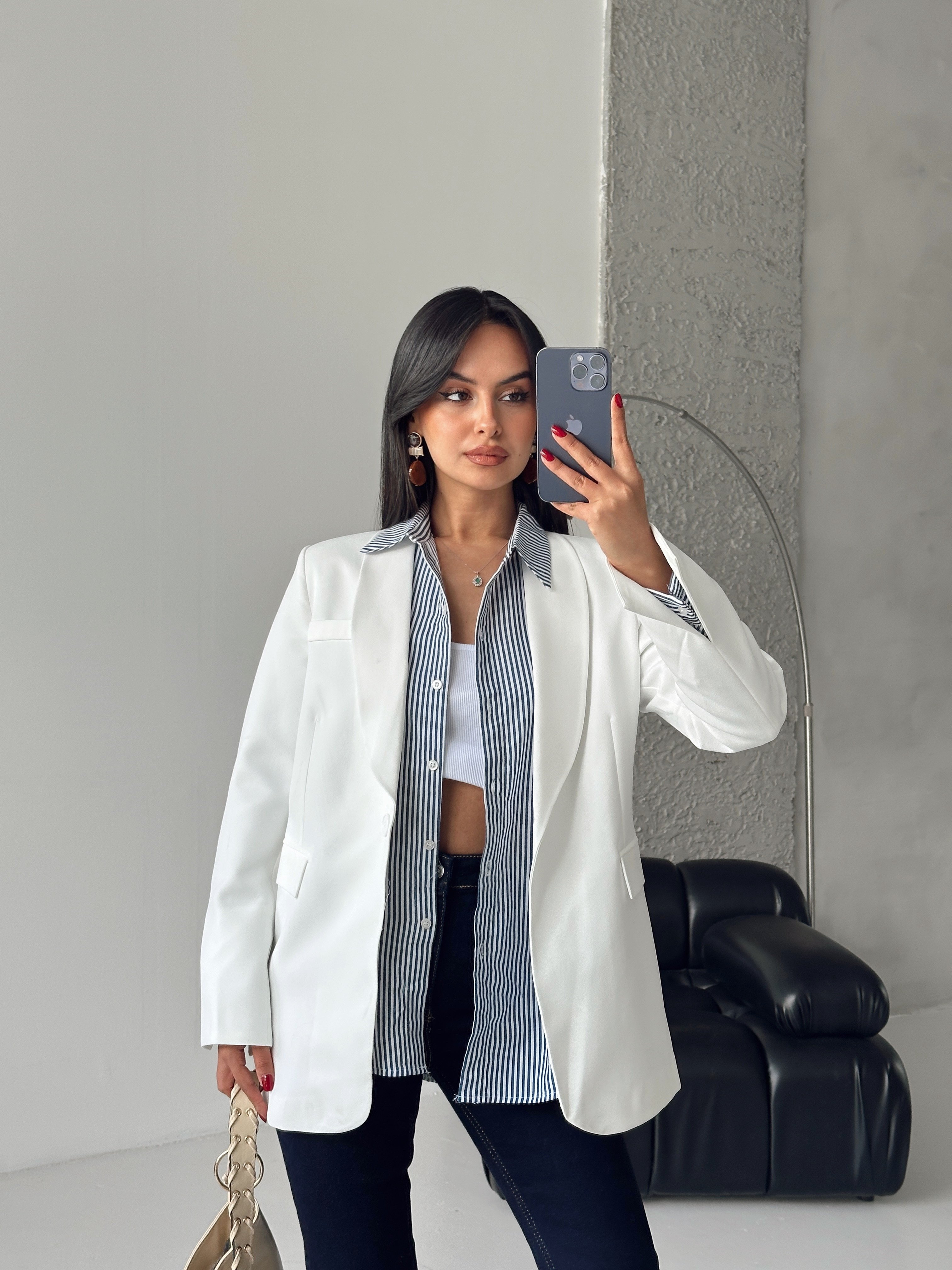 Kol Yırtmaç Blazer Ceket Beyaz