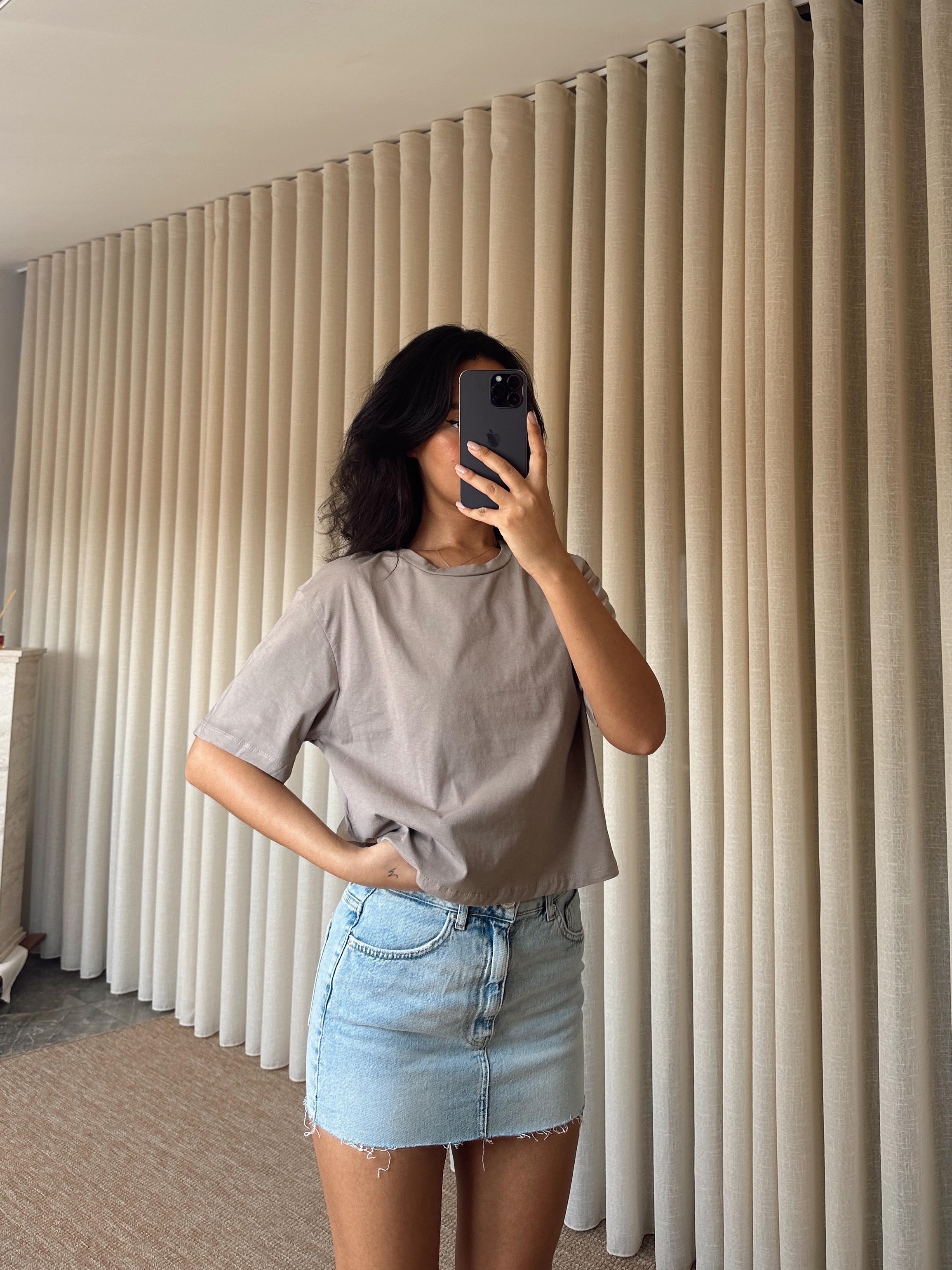 Düz Kısa Kol Crop Basic - Vizon
