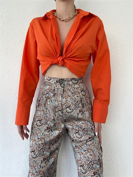 Kol Çift Düğme Oversize Poplin Gömlek Oranj