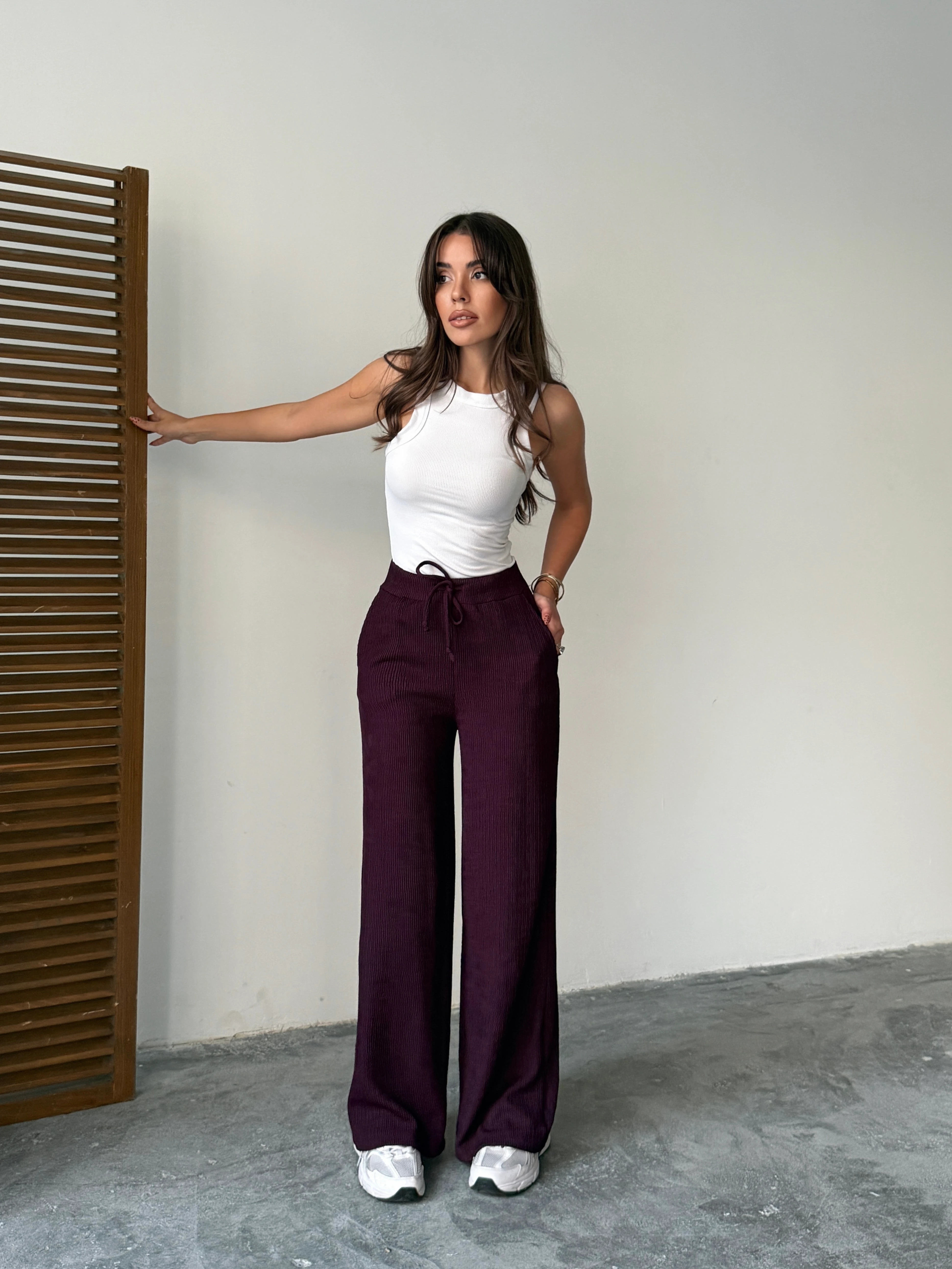 Bel Bağcık Fitilli Pantolon - Mürdüm