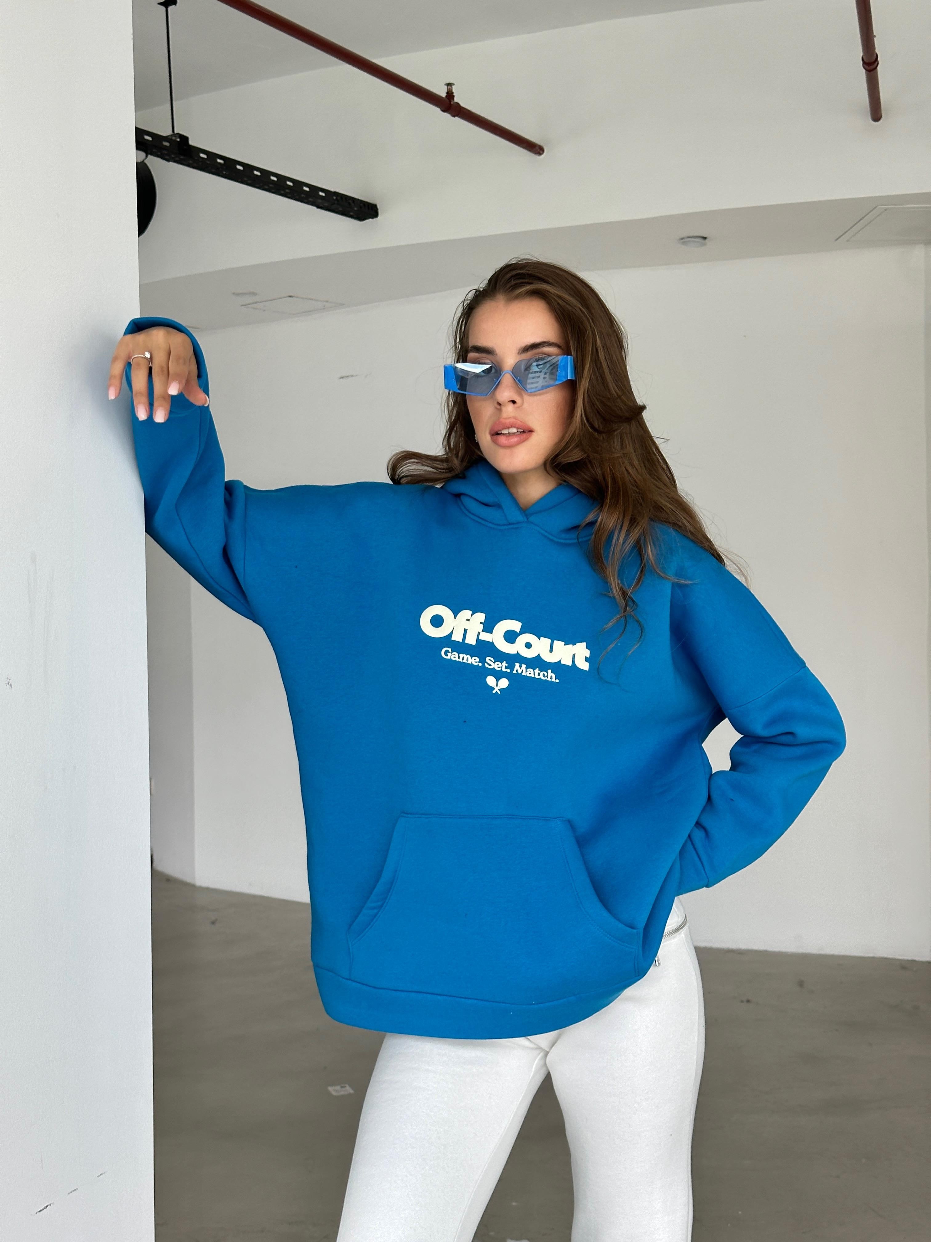 Off Court Baskı Kapüşonlu Sweat Saks Mavi