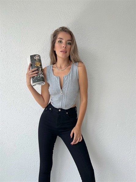 Fermuarlı Korse Detay Crop Gri