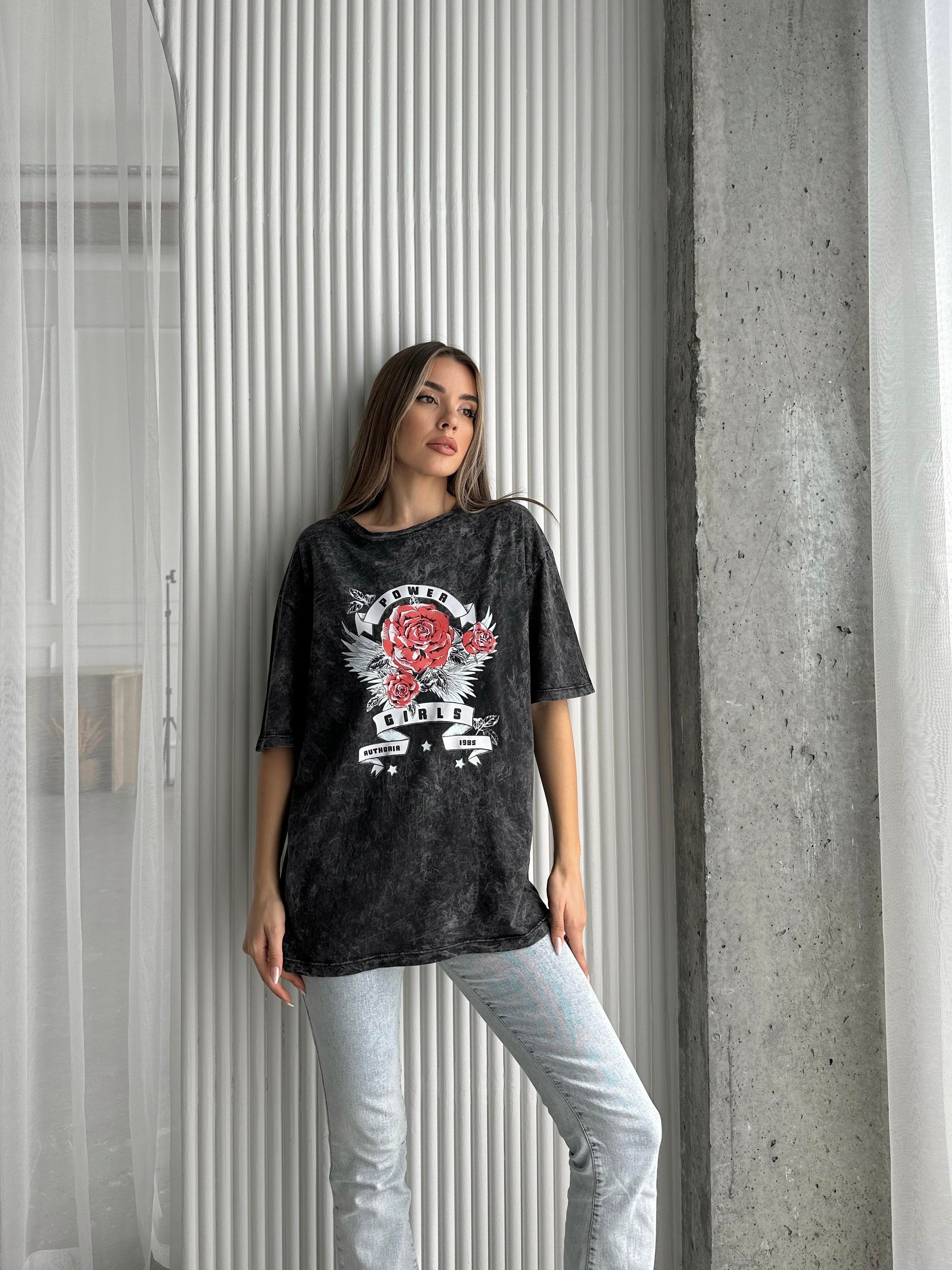 Rose Baskı Yıkama Tshirt Füme Yıkama