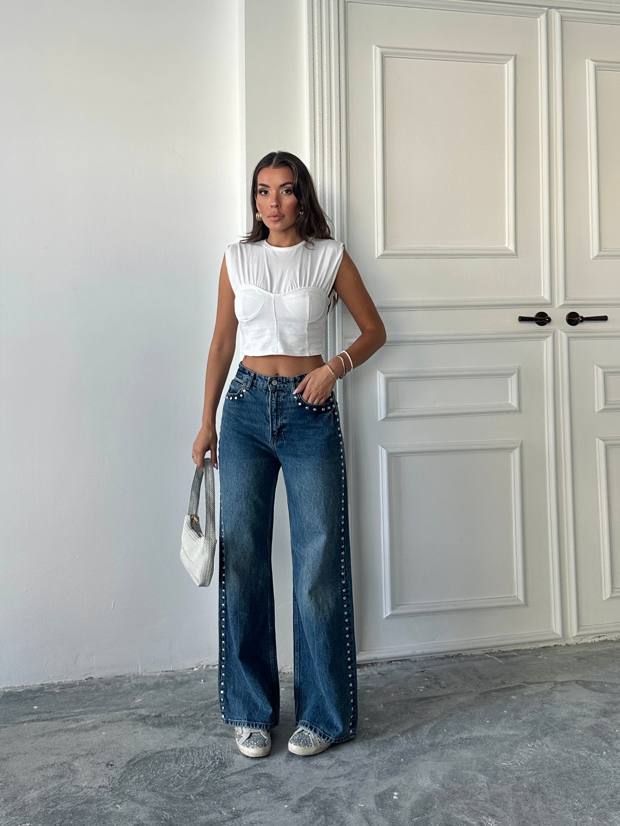 Zımba Detaylı Denim Palazzo  - Mavi