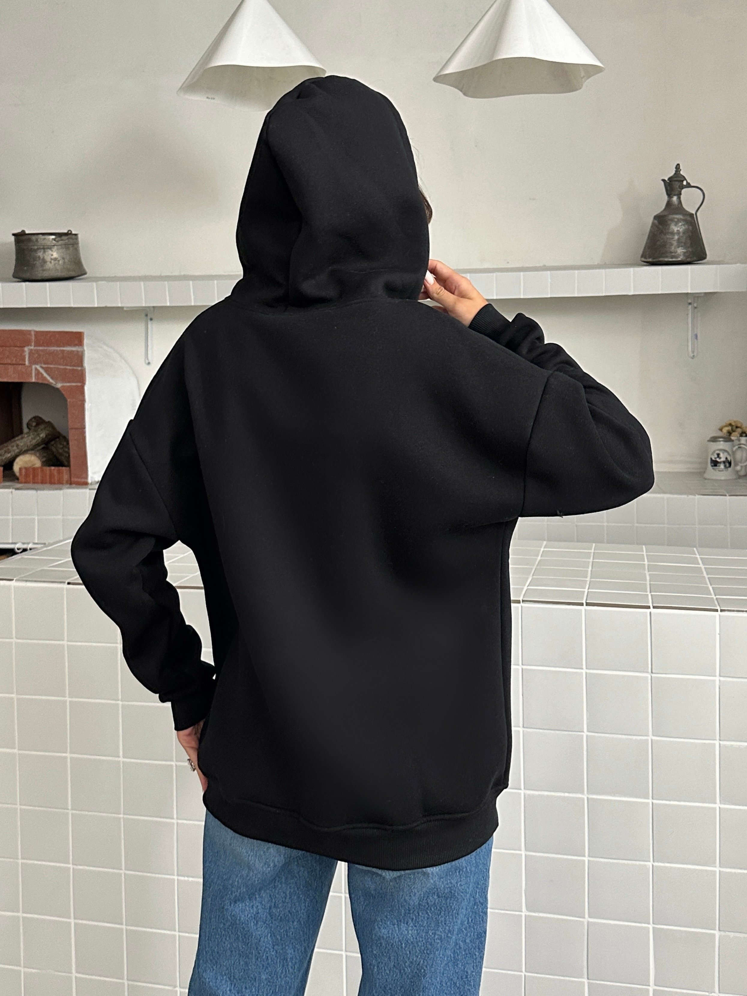 Fermuarlı Kapüşonlu Sweat Hırka - Siyah