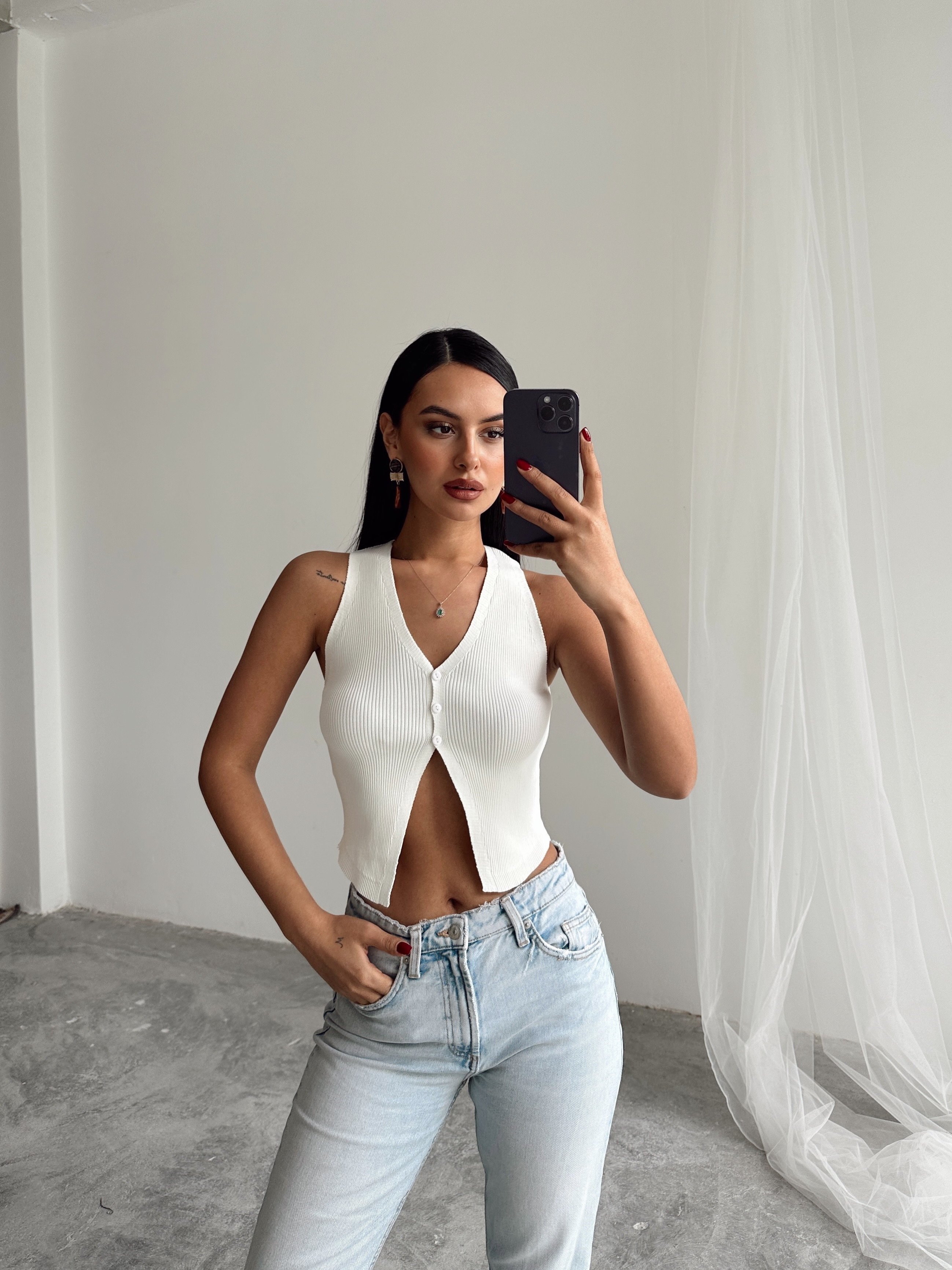 Düğmeli Crop Yelek - Ekru