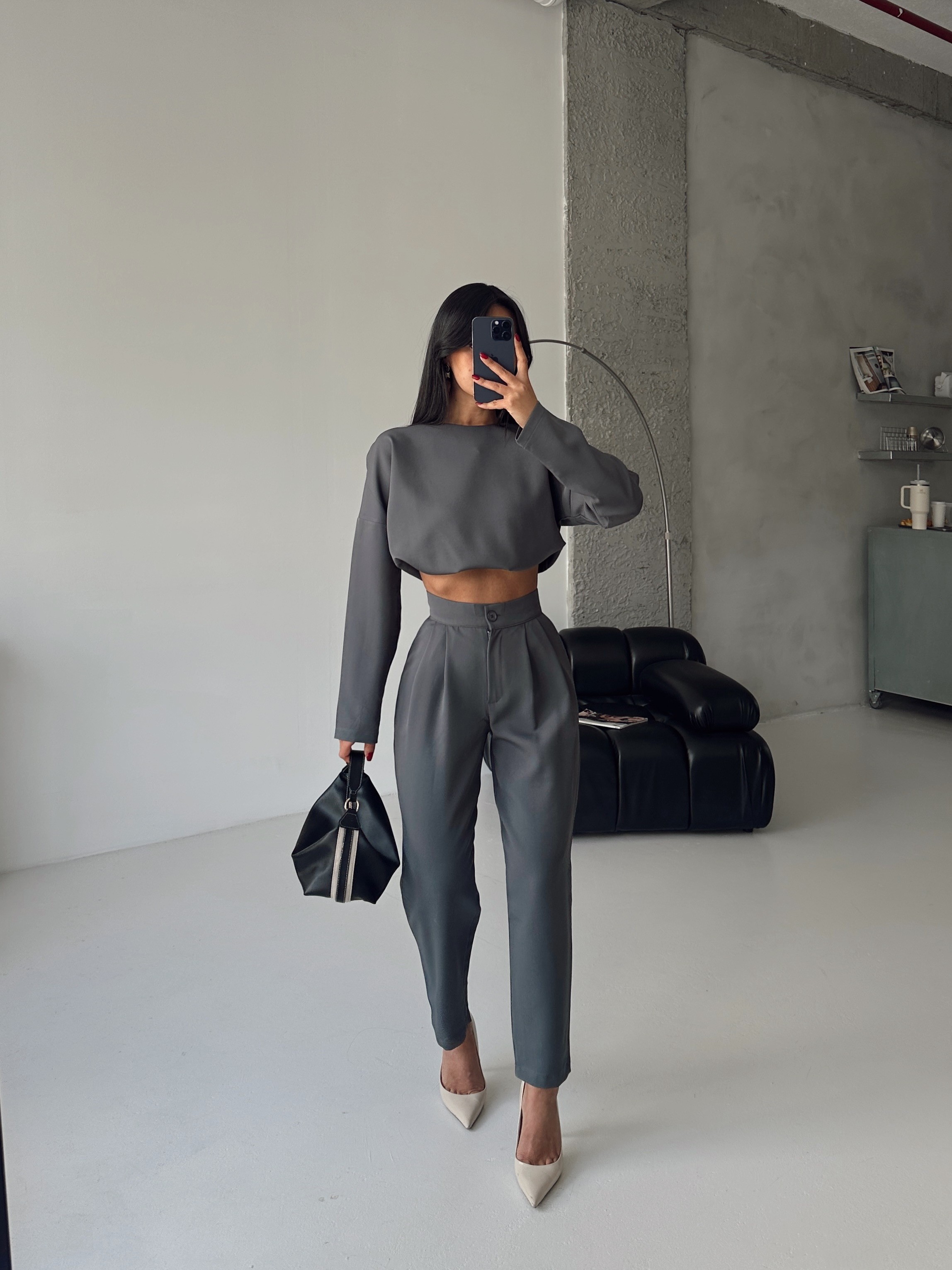 Petra Crop Pantolon Takım Füme