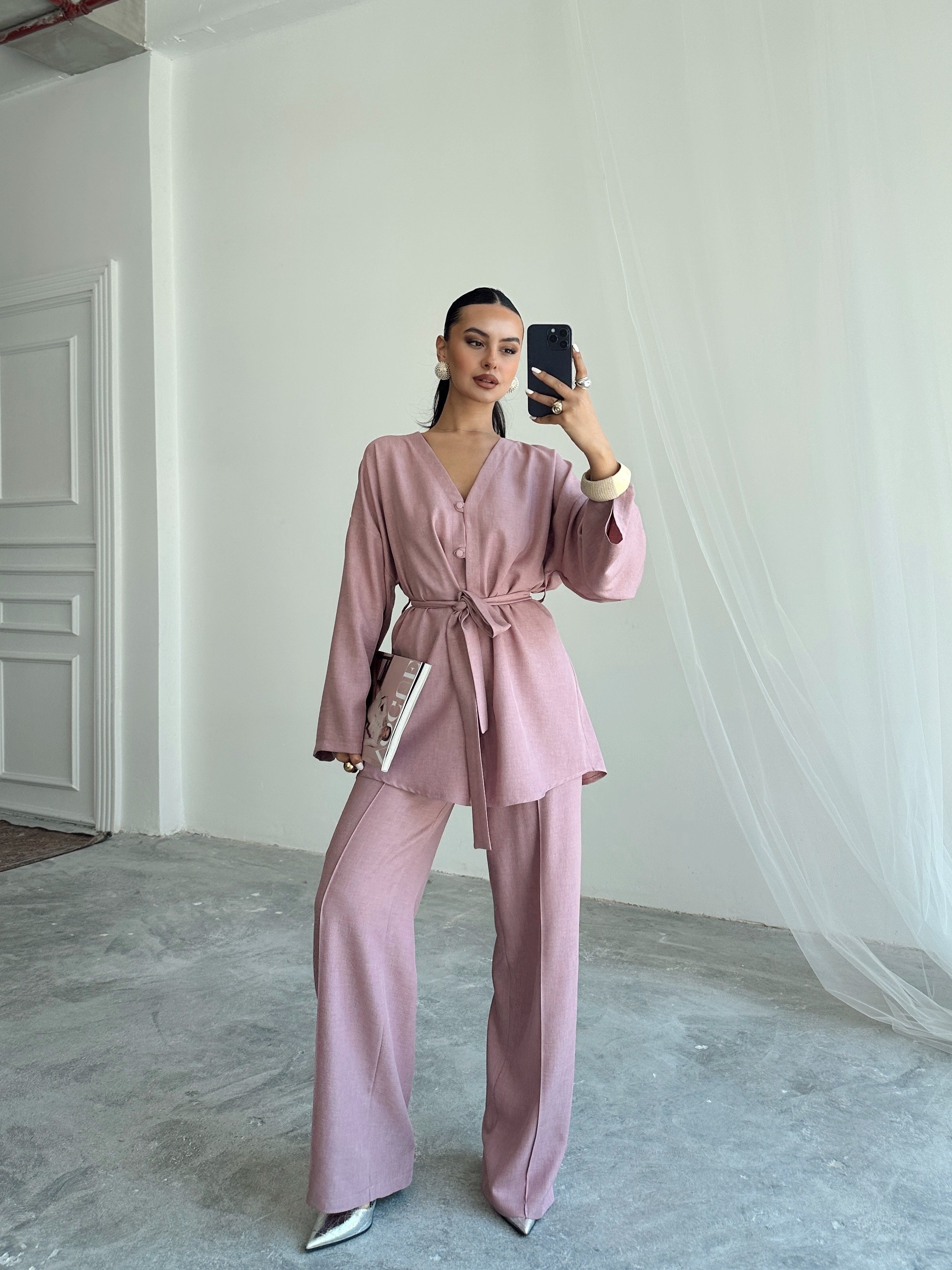 Düğme Detay Kuşaklı Kimono Takım - Pudra Pembe