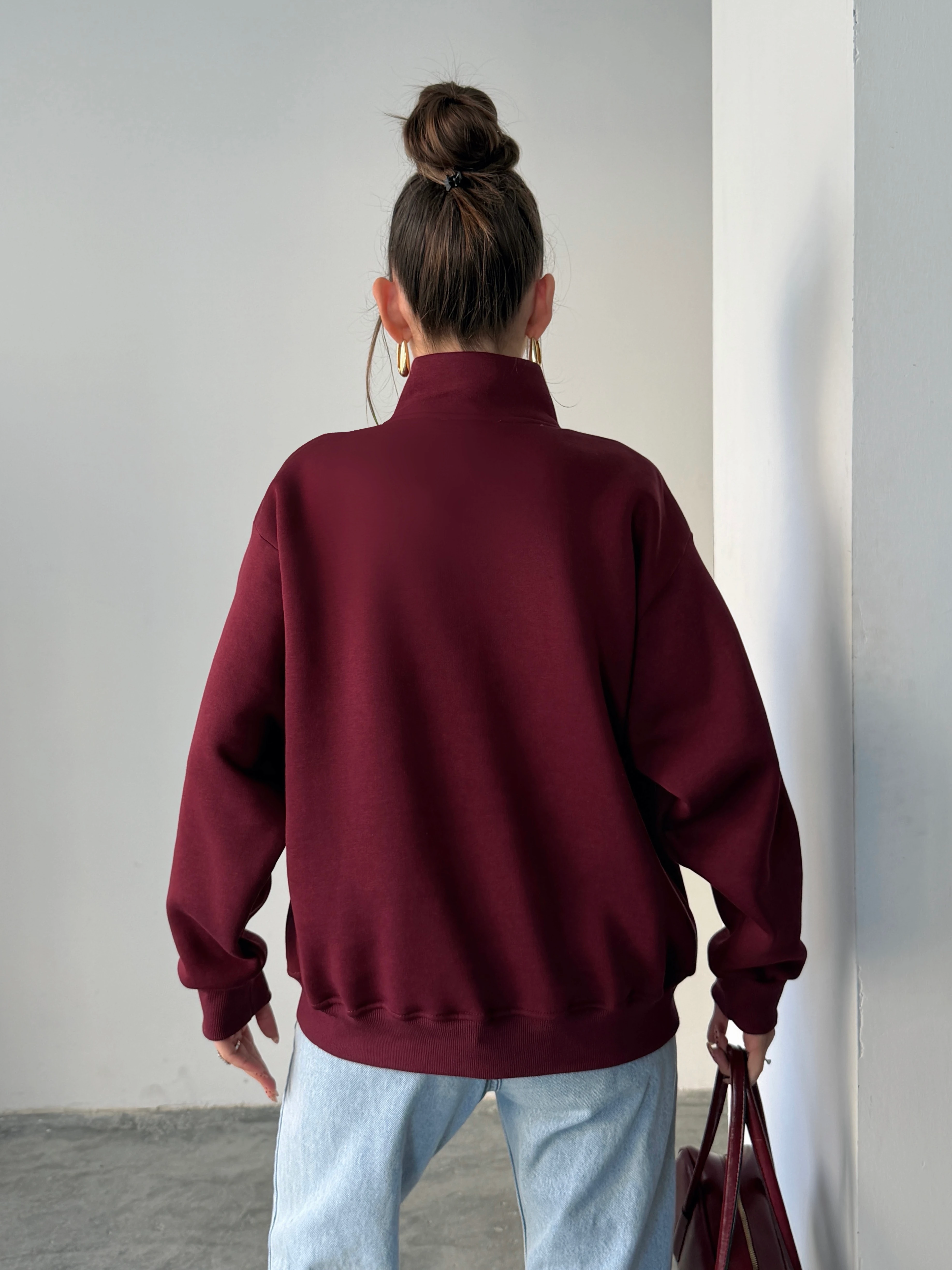 Sporty Yarım Fermuar Sweat - Bordo
