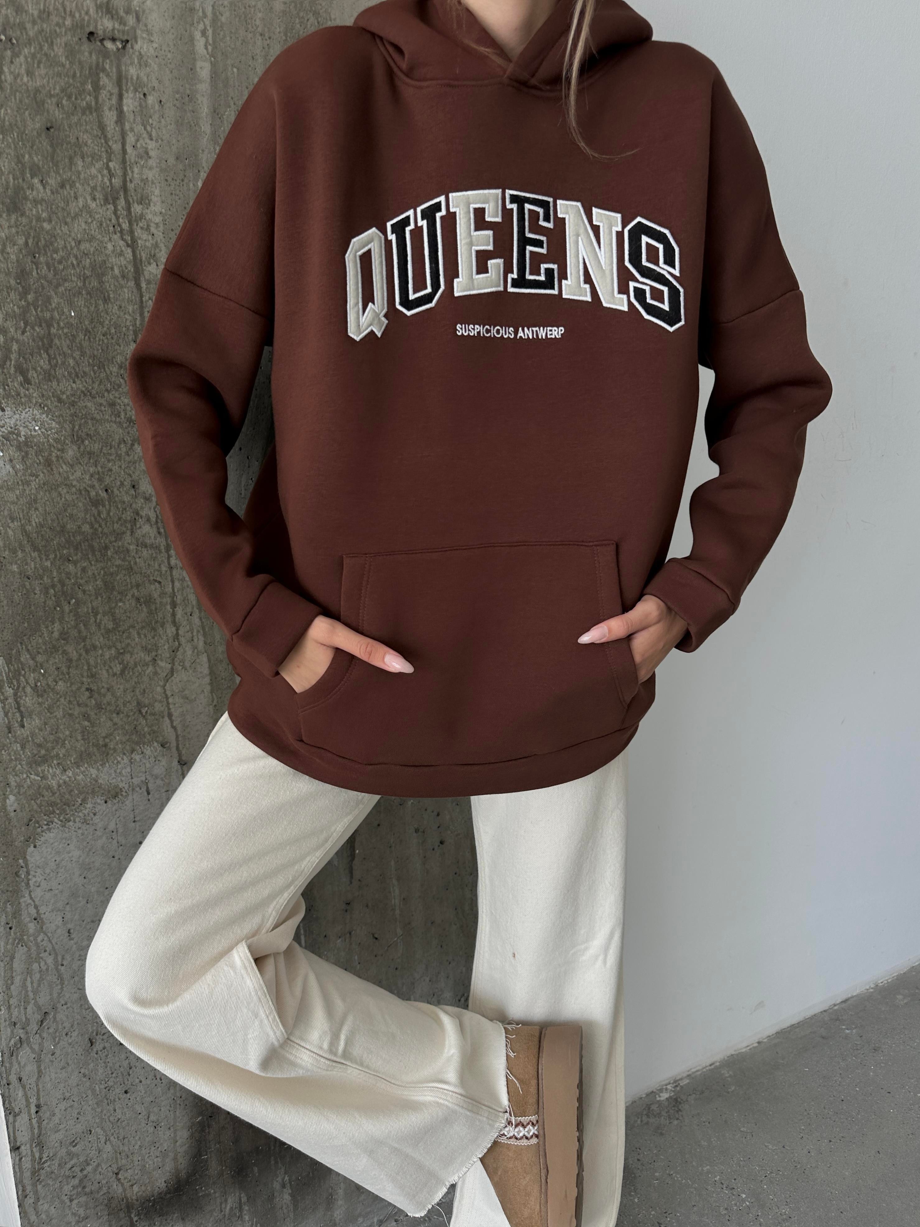 Queens Üç İplik Kapüşonlu Oversize Sweat Kahverengi